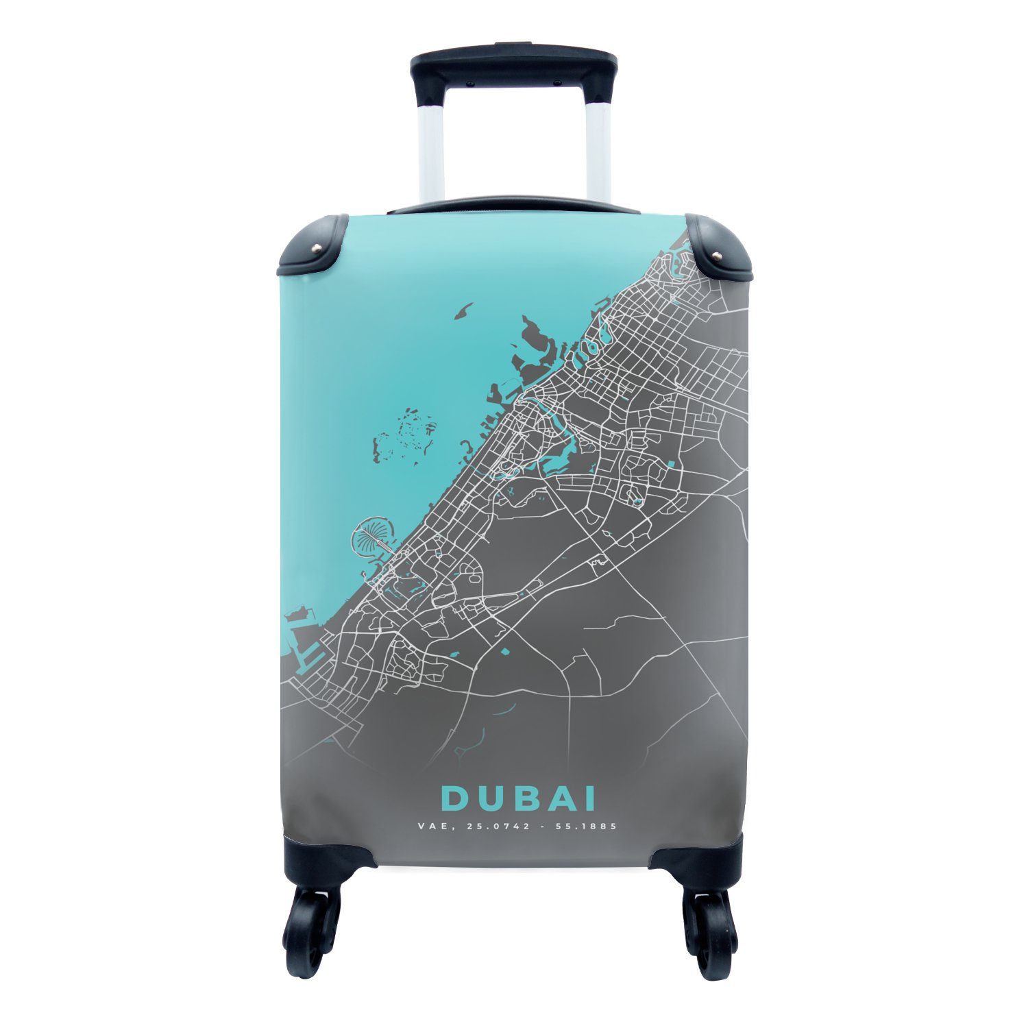MuchoWow Handgepäckkoffer Dubai - Blau - Karte - Stadtplan, 4 Rollen, Reisetasche mit rollen, Handgepäck für Ferien, Trolley, Reisekoffer