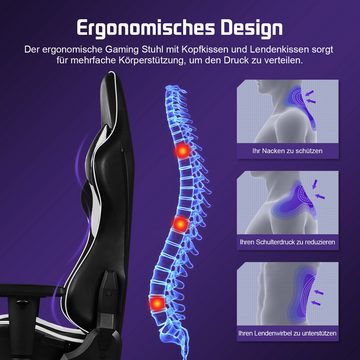 Lexzurn Gaming-Stuhl Gaming Stuhl, Bürostuhl,Ergonomischer Schreibtischstuhl (mit verstellbare Kopfstütze und Lendenwirbelstütze, Computerstuhl mit Lendenkissen, Gamer Stuhl Wippfunktion 90°-165), PC Gamer Racing Stuhl bis 150kg