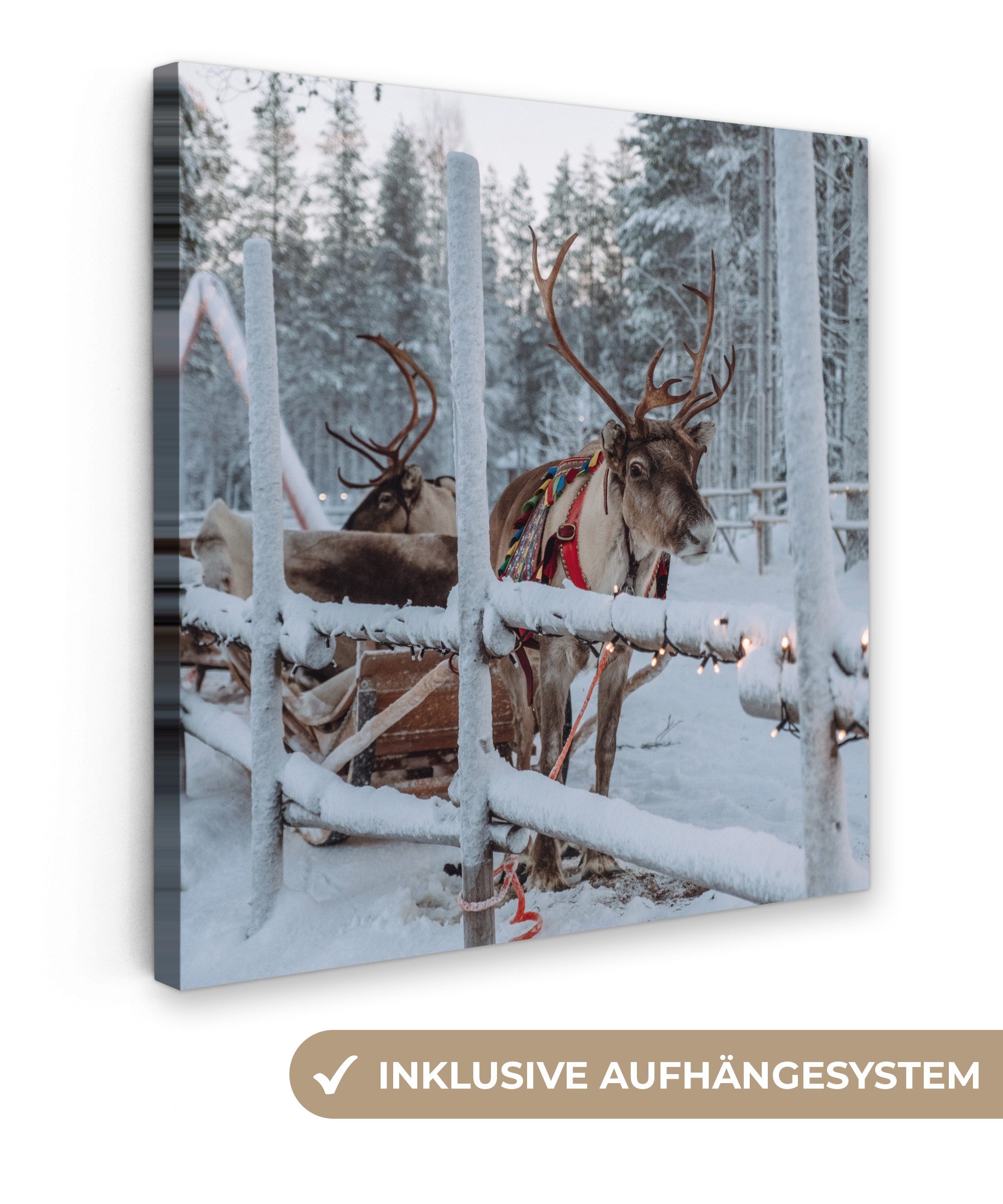 OneMillionCanvasses® Leinwandbild Ein Rentier im Dorf des Weihnachtsmanns in Finnland, Fotodruck (1 St), Wandbild, Deko Schlafzimmer Wohnzimmer Flur 20x20 cm