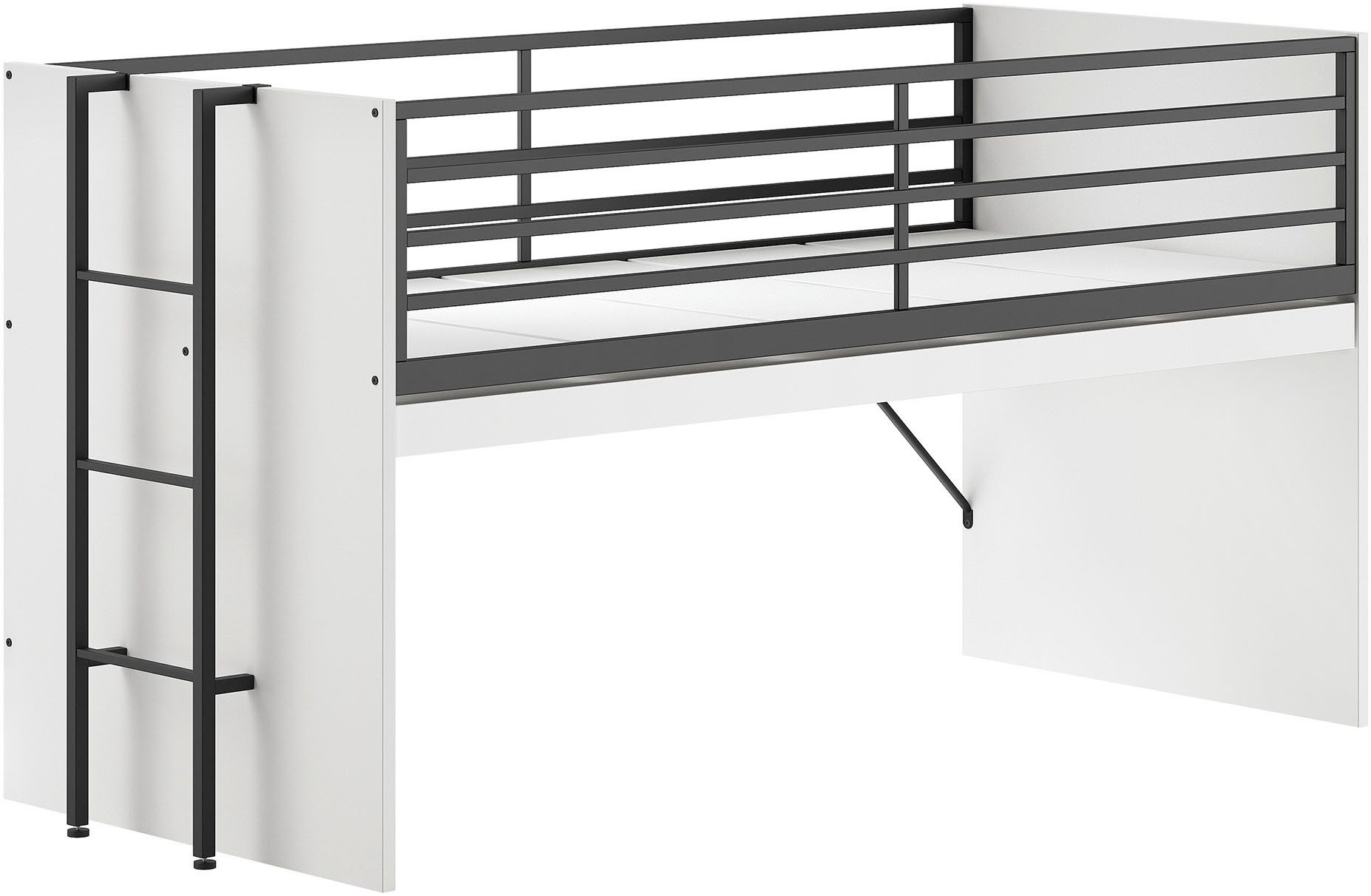 Vipack Hochbett Sam, schlafen und arbeiten in einem, wahlweise Eiche- oder Weiß-Dekor (Liegefläche 90x200 cm, darunter eine große ausziehbare Schreibplatte) Inkl. Absturzschutz u. Leiter, pflegeleichte Dekor Oberfläche