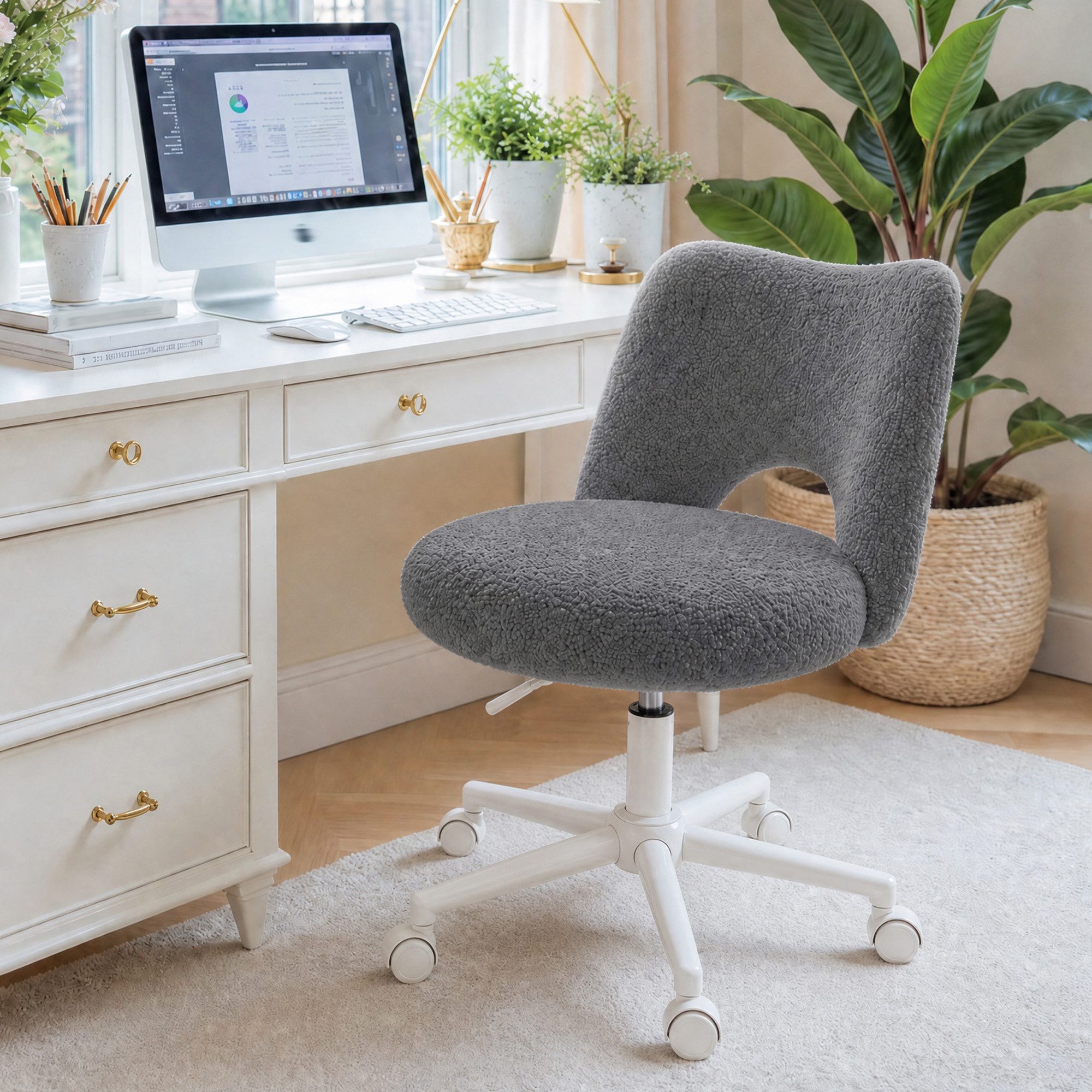 Klyvvo Drehstuhl mit Rollen, Atmungsaktive Kuschelige Teddyfell Schminkstuhl (1 St), höhenverstellbar, für Homeoffice, Büro, Zimmer