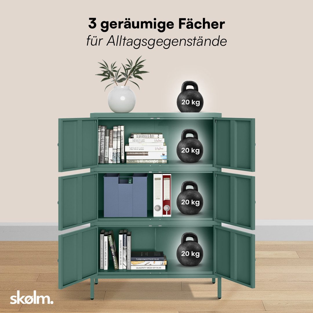 skølm Kommode Atriona aus Metall (Dunkelgrün, 3 Fächer & 6 Türen), Metallschrank 113,5 x 80 x 38 cm, auch verfügbar mit 2 Fächern