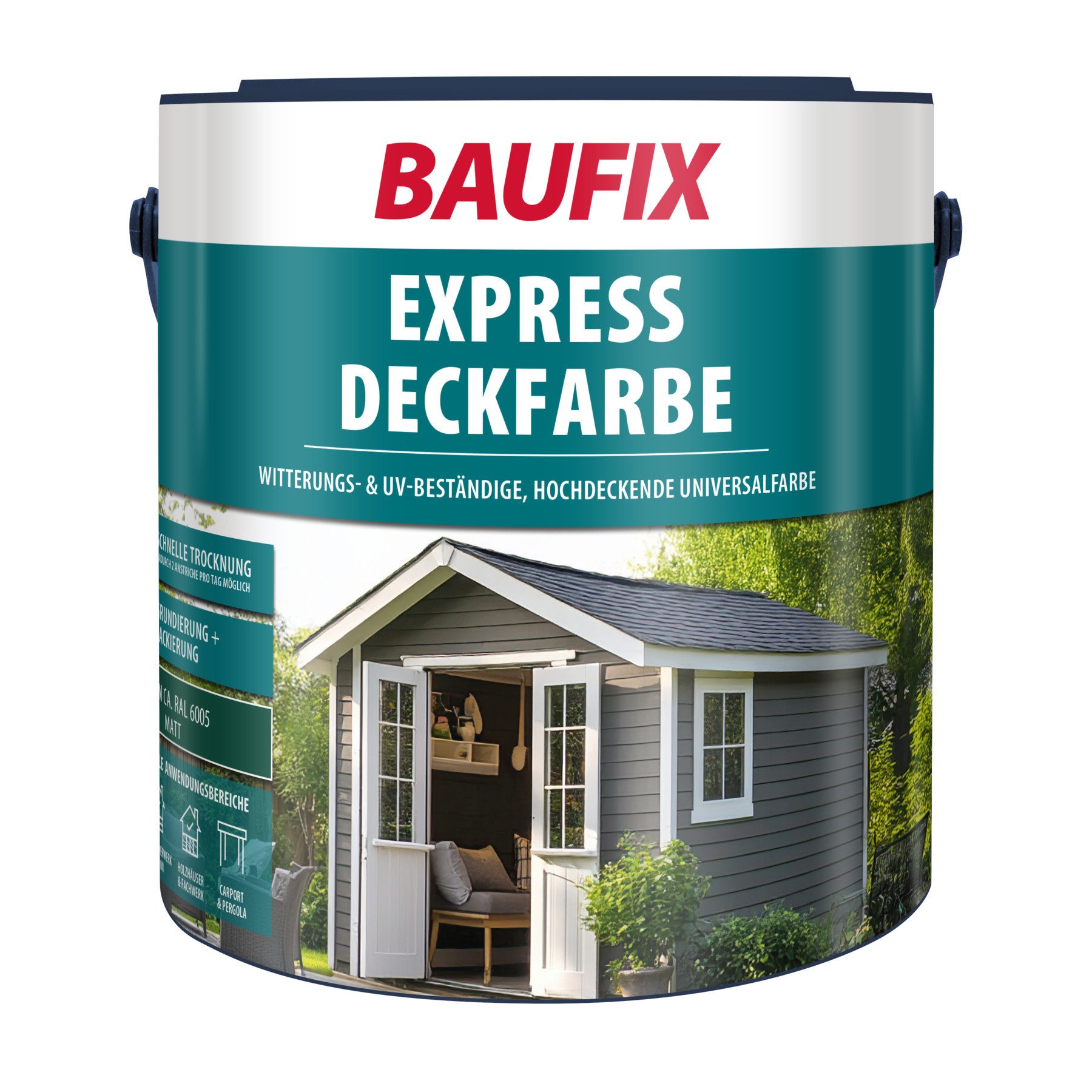 Baufix Wetterschutzfarbe Express Deckfarbe matt, 2,5 Liter für ca. 25 m², Wetterschutzfarbe, Hochdeckende, elastische Farbe mit hoher Wetterbeständigkeit für außen