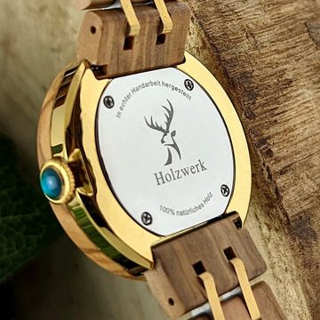 Holzwerk Quarzuhr PIRNA edle Damen Strass Holz Armband Uhr, beige braun, gold & grün
