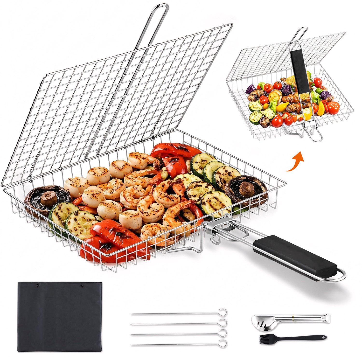 HEYHIPPO Grillrosteinsatz Grillkorb Edelstahl 32×22,5cm, mit 4 Spießen, Bürste, Zange & Tasche, (5-St., Grillkorb Set – mit Zubehör, vielseitig für Fisch, Steak & Gemüse), Faltbarer BBQ-Korb mit Grillzange & abnehmbarem Griff, für Camping