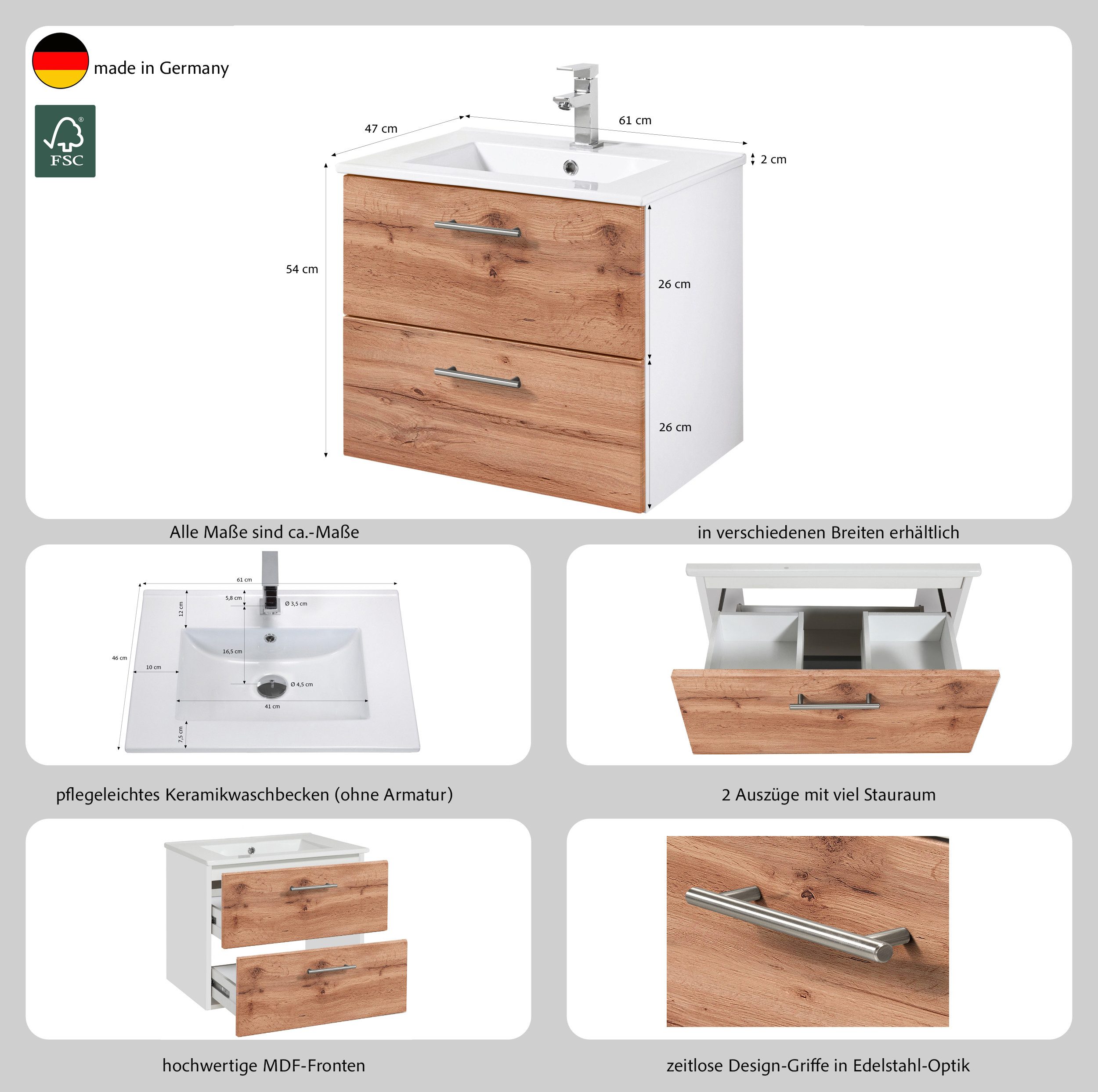 welltime Waschtisch Trento in verschiedenen Ausführungen inkl. Waschbecken, Badmöbel in Breite 60 cm, Badschrank Waschplatz mit 2 Schubladen
