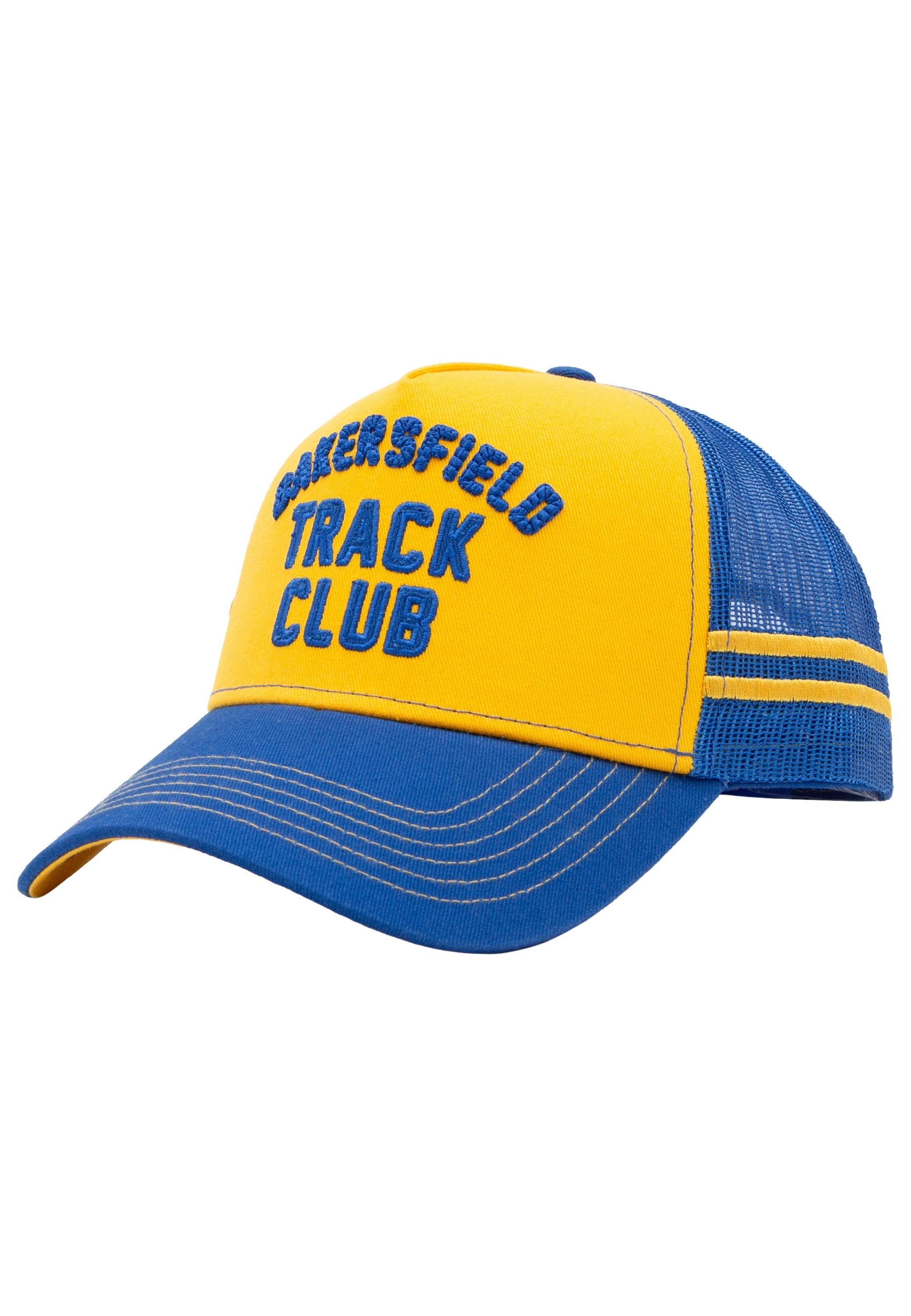 KingKerosin Trucker Cap Bakersfield Track Club Plastische Schriftzug-Stickerei und zwei Streifen rund um das Netz