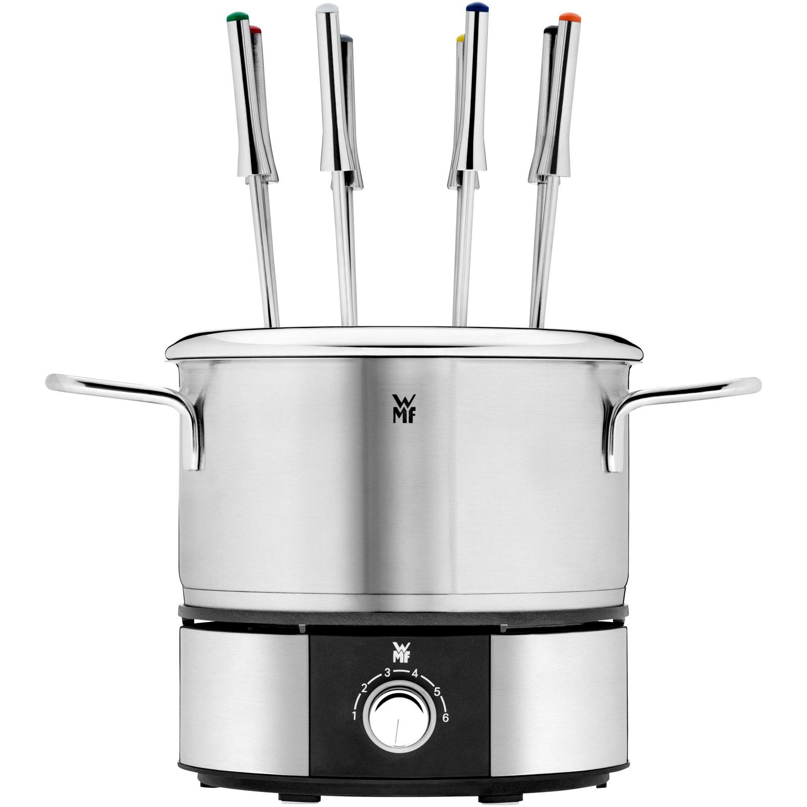 WMF Elektro-Fondue LONO, mit Spritzschutzring, farblich markierte Fondue-Gabeln, 8 Fonduegabeln, 1,2 l, spülmaschinengeeignete Teile, LED-Ring, auch zum Warmhalten verwendbar