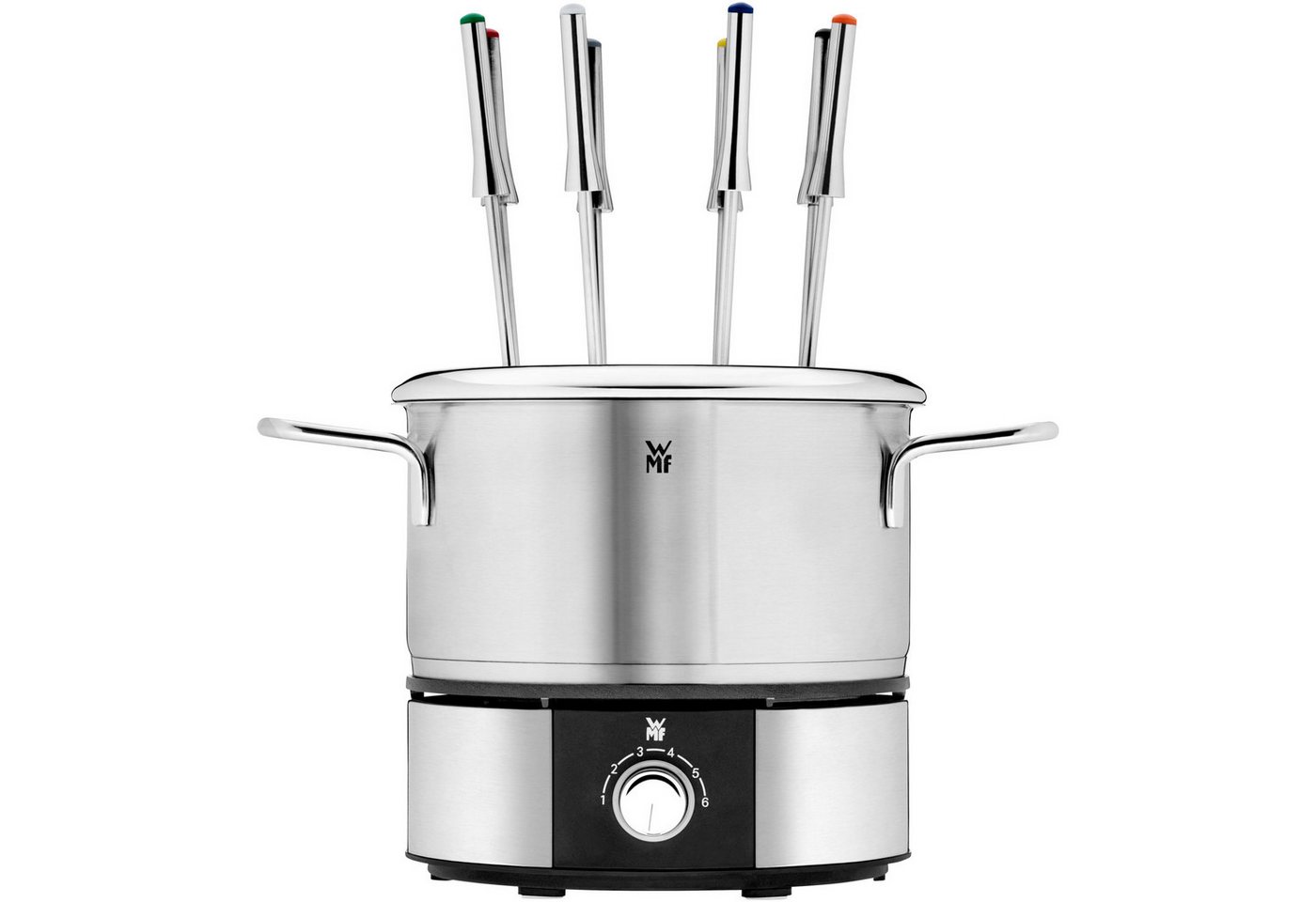WMF Elektro-Fondue LONO, mit Spritzschutzring, farblich markierte Fondue-Gabeln, 8 Fonduegabeln, 1,2 l, spülmaschinengeeignete Teile, LED-Ring, auch zum Warmhalten verwendbar