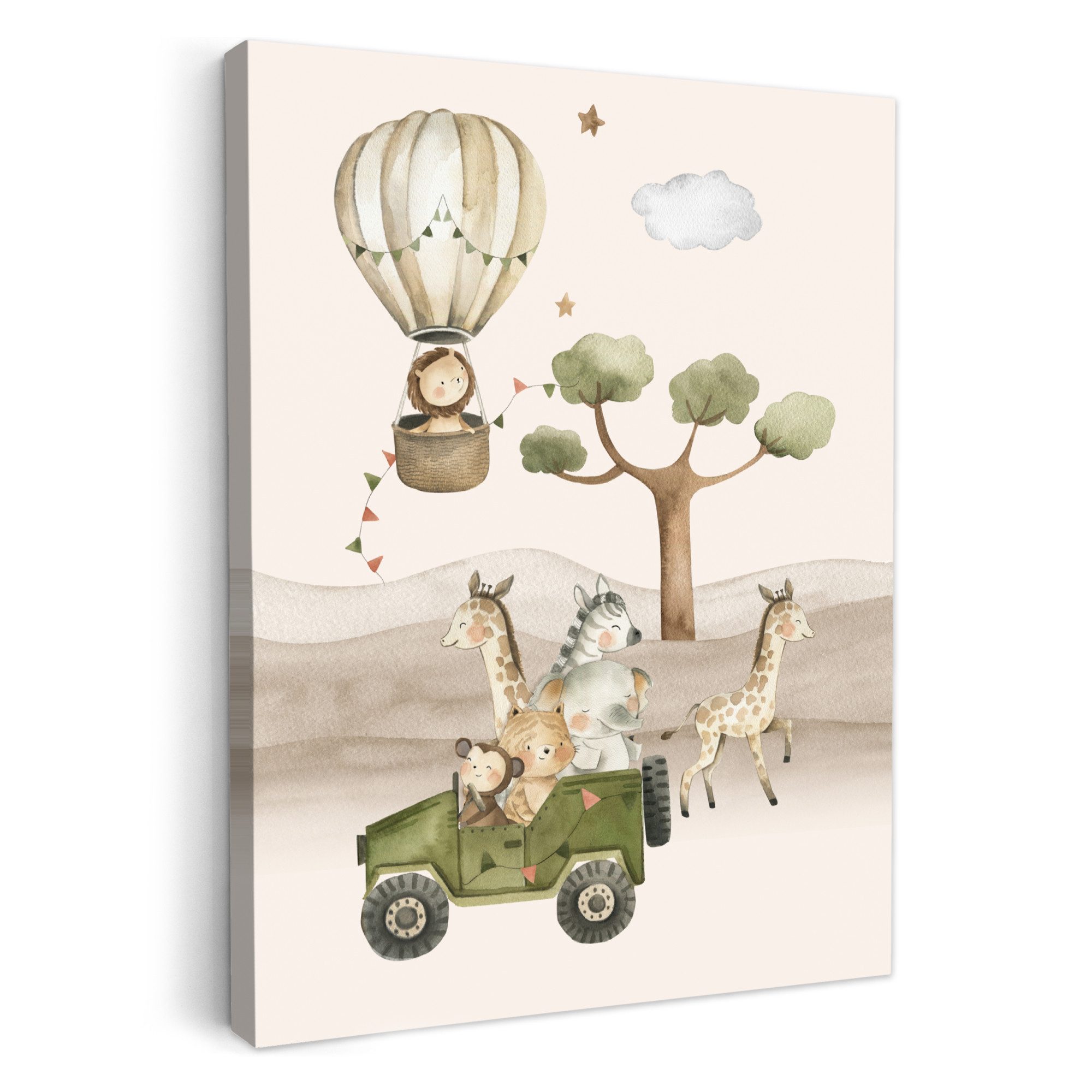 OneMillionCanvasses® Leinwandbild Wilde Tiere - Safari - Aquarell - Heißluftballon, Fotodruck (1 St), Babyzimmer Deko, Bilder für Mädchen und Jungen 30x40 cm