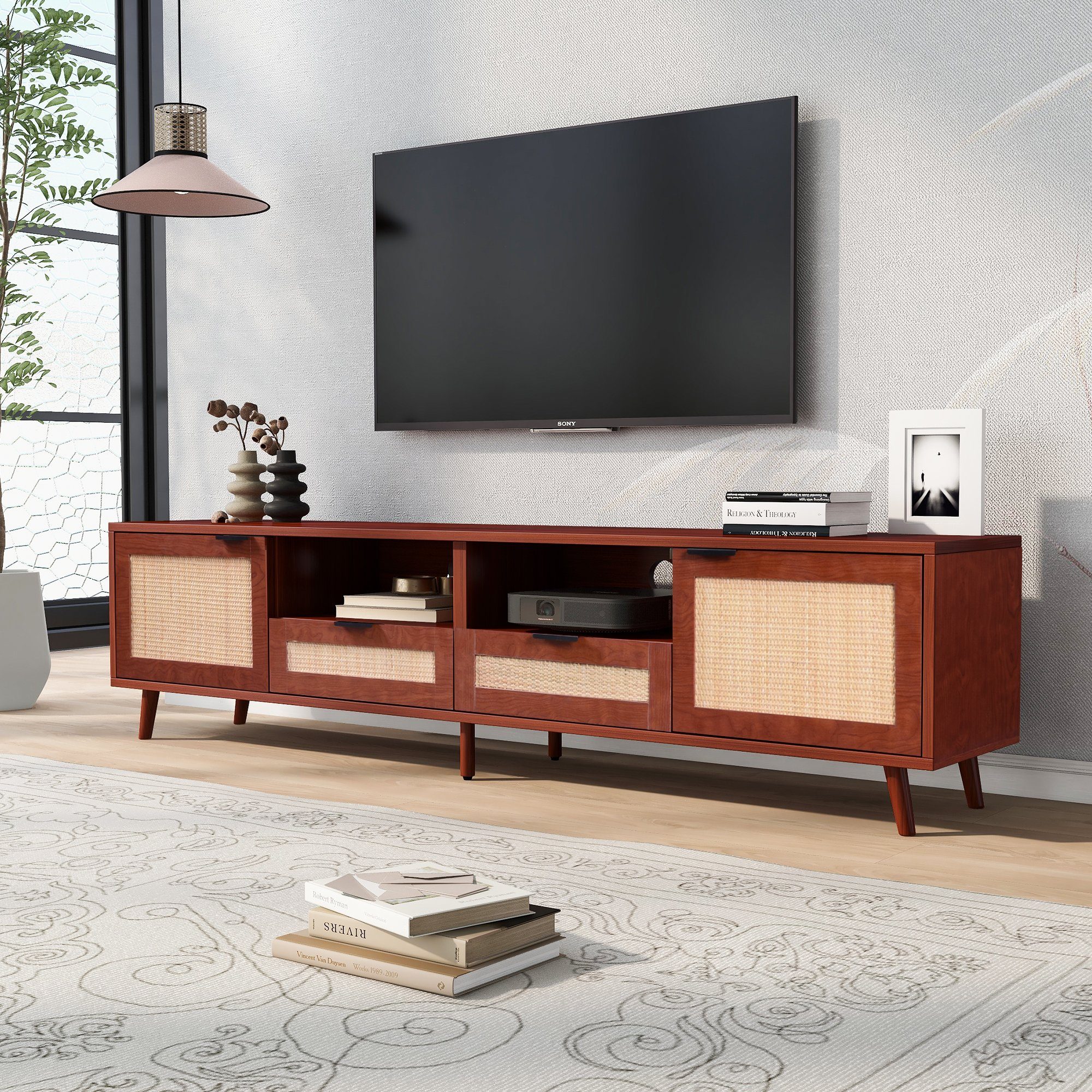 Merax Lowboard Holz mit 2 Schubladen und 2 Türen, Fernsehtisch mit  Rattangeflecht Design, TV-Board mit Metallgriffe und verstellbaren Holzbeine