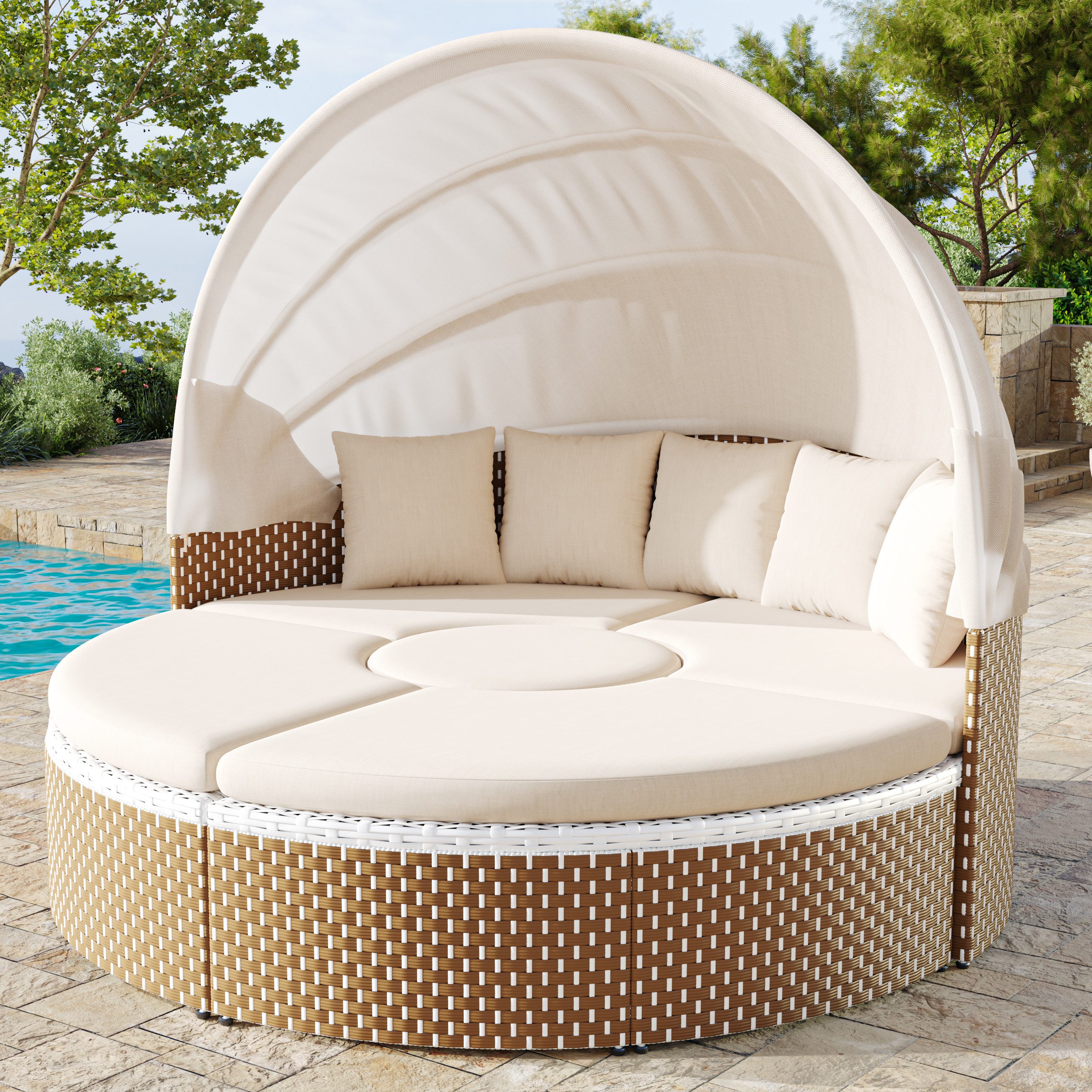OKWISH Gartenlounge-Set Sonneninsel, (Garten-Lounge-Sessel-Set, 2Sitzer mit ausziehbares Baldachin, 2Hocker, 1höhenverstellbarer Tisch), inklusive aller Kissen und Sitzkissen