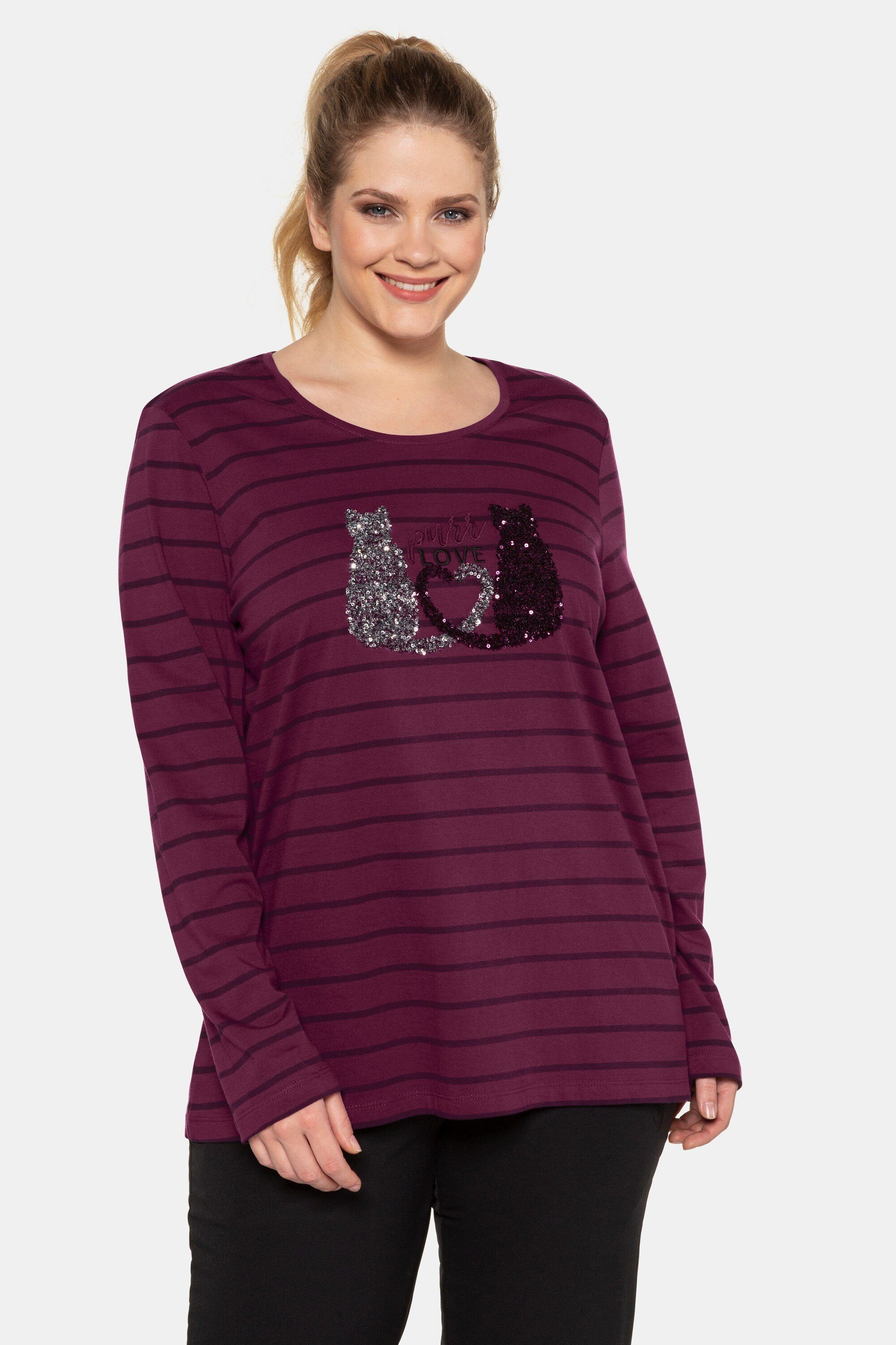 Ulla Popken Rundhalsshirt Ringelshirt Pailletten-Katzen Regular Stickerei