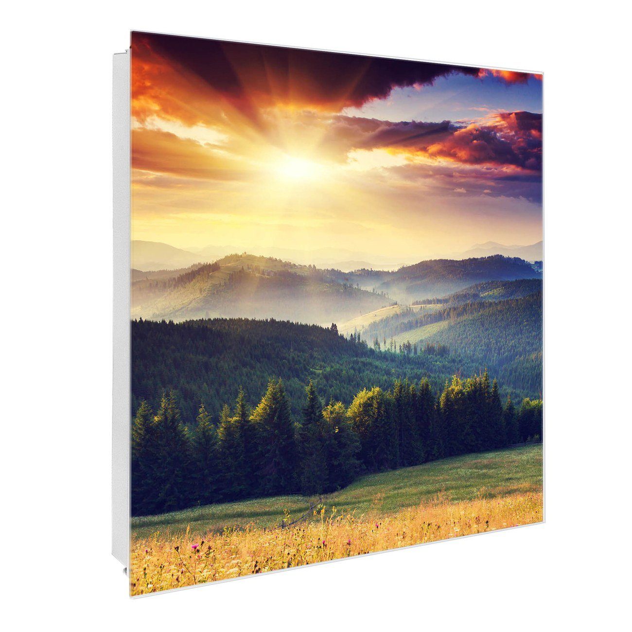 banjado Schlüsselkasten Glas Karpaten Sonnenuntergang (Stahl Gehäuse, mit 50 Haken), 30 x 30 x 5 cm