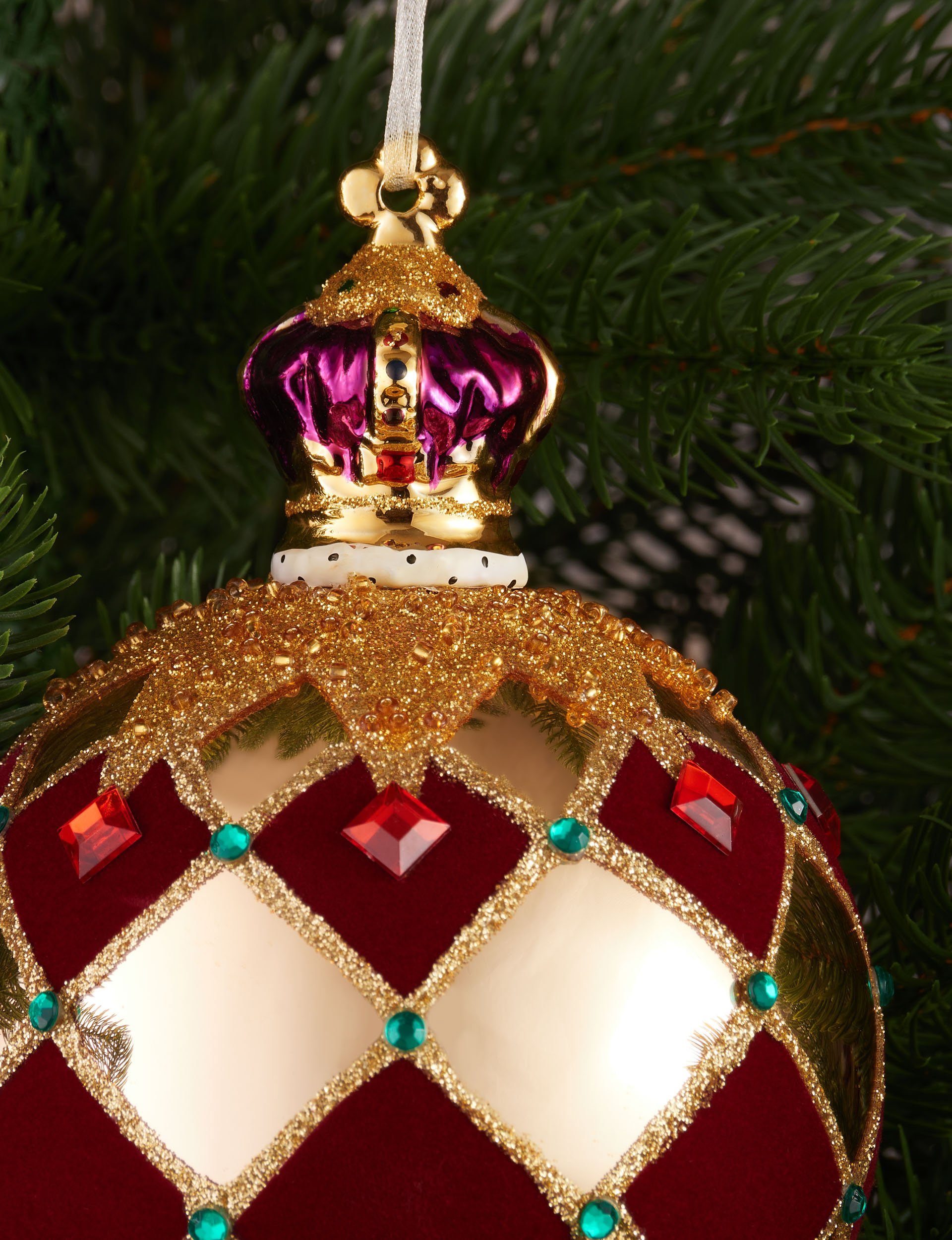 (1 "Royal Samt, Baumkugel Glitzer große cm Baumkugel Glas St), King" Krone - Weihnachtsbaumkugel Rot mit und 14 Gold Kariert Königliche - BRUBAKER Premium Weihnachtskugel aus