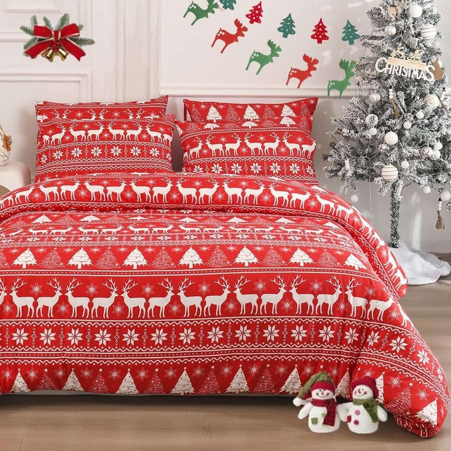 LuxusKollektion Kinderbettwäsche Bettwäsche Set Weihnachten Rot 155x220cm Hirsch Mikrofaser