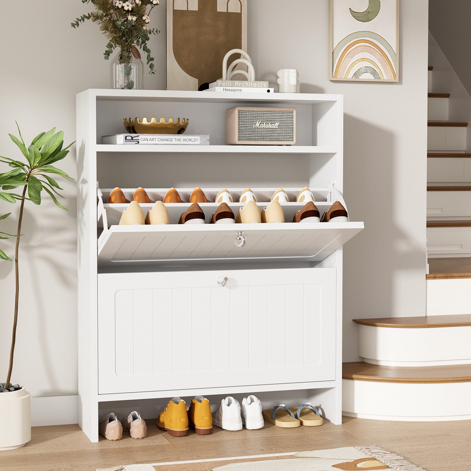 VOWNER Schuhschrank mit 2 Klappen, 4 Fächer, verstellbarem Regal, Stahlfüße günstig online kaufen