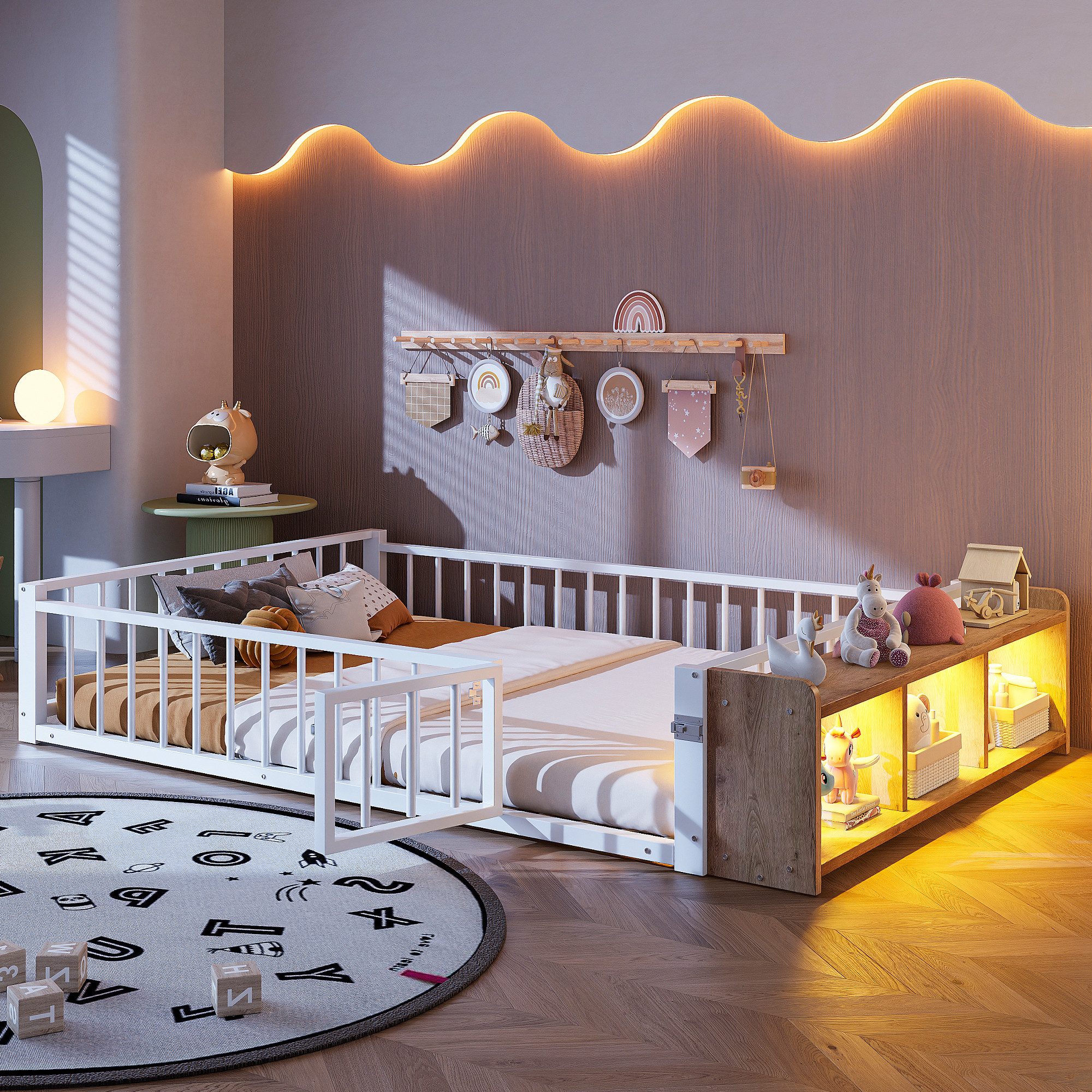 Merax Kinderbett mit LED-Beleuchtung, Metallbett, Bodenbett (1-tlg), Flachbett 140x200cm mit Schutzgeländer,offenem Ablagefach,Bettgestell