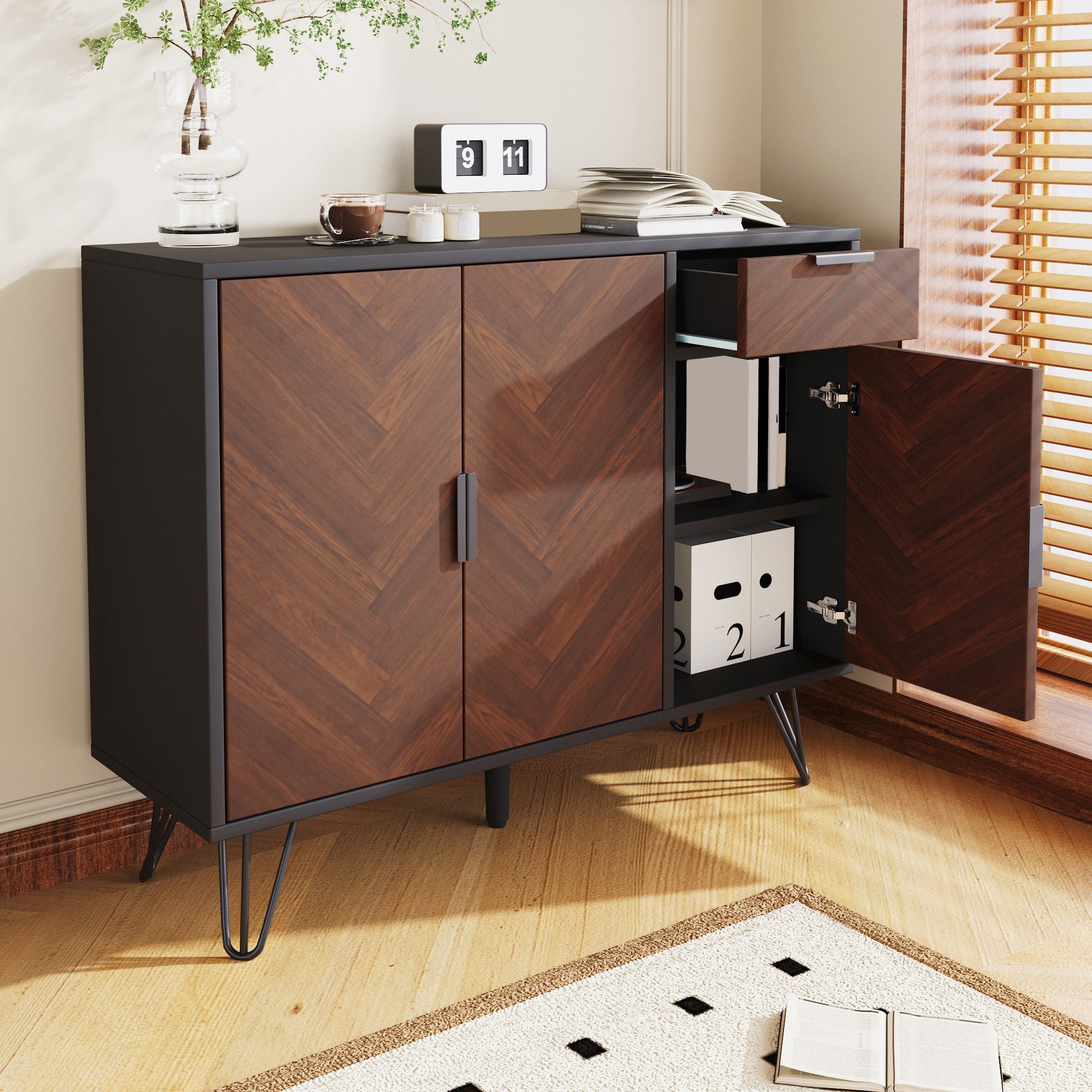Merax Sideboard im Holzoptik mit Schubladen und 3 Türen (Wohnzimmerschrank, Highboard, Aufbewahrungsschrank mit vielseitiger Stauraum), Kommode mit höhenverstel – Bild 4 von 5