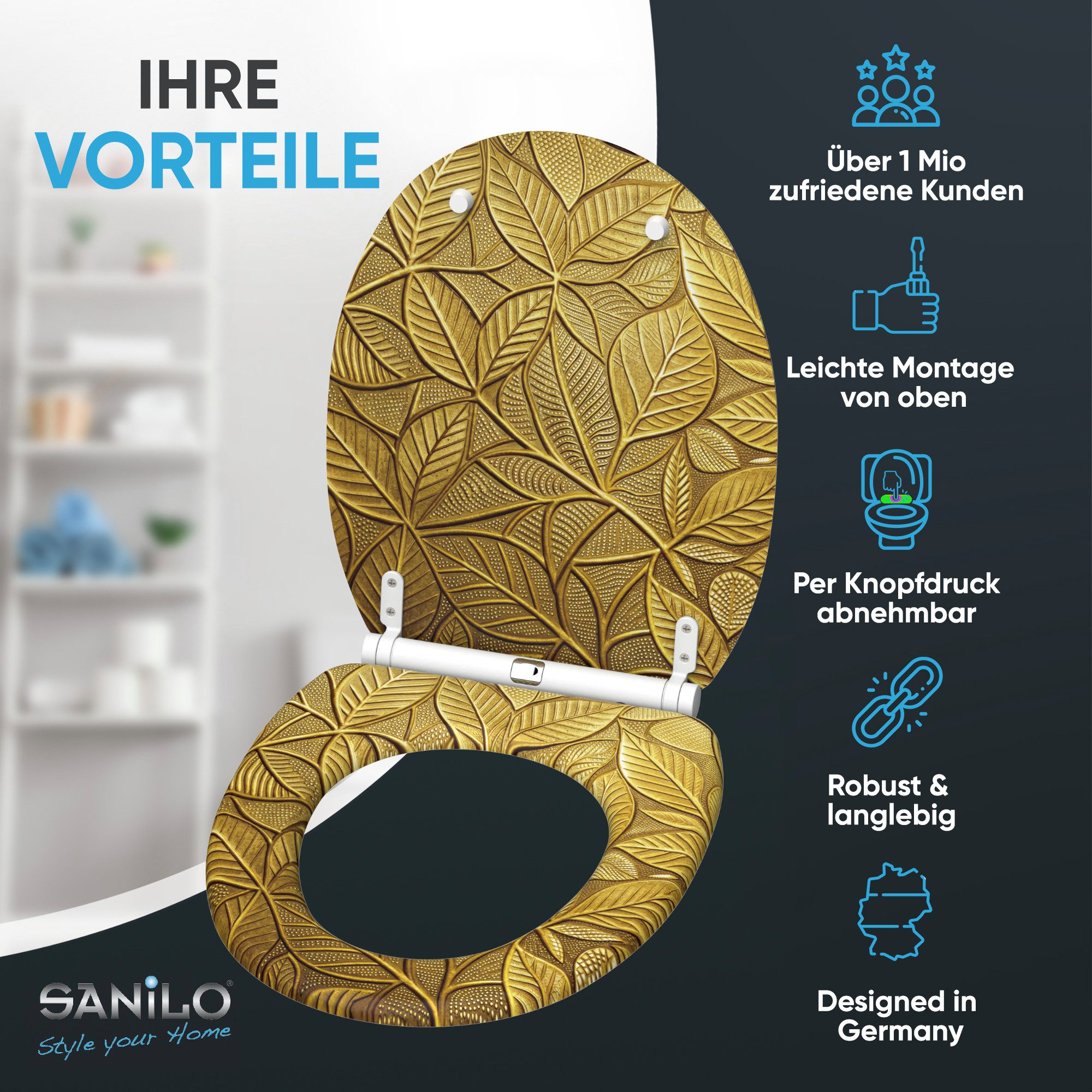 Sanilo WC-Sitz Bractea mit Absenkautomatik & Quick Release, Premium Toilettendeckel, abnehmbar, leichte Montage von oben