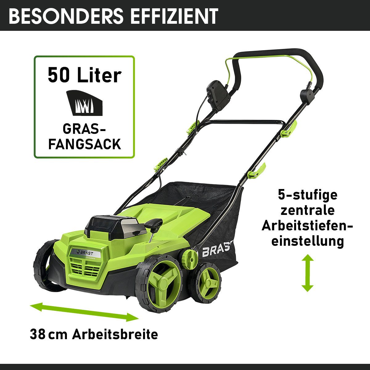 BRAST Akku-Vertikutierer / Lüfter 40V inkl. 2x 4,0Ah-Akkus, 2in1 Funktion, 38 cm Arbeitsbreite, (5-stufig einstellbare Arbeitstiefe), für Flächen bis 500 m²