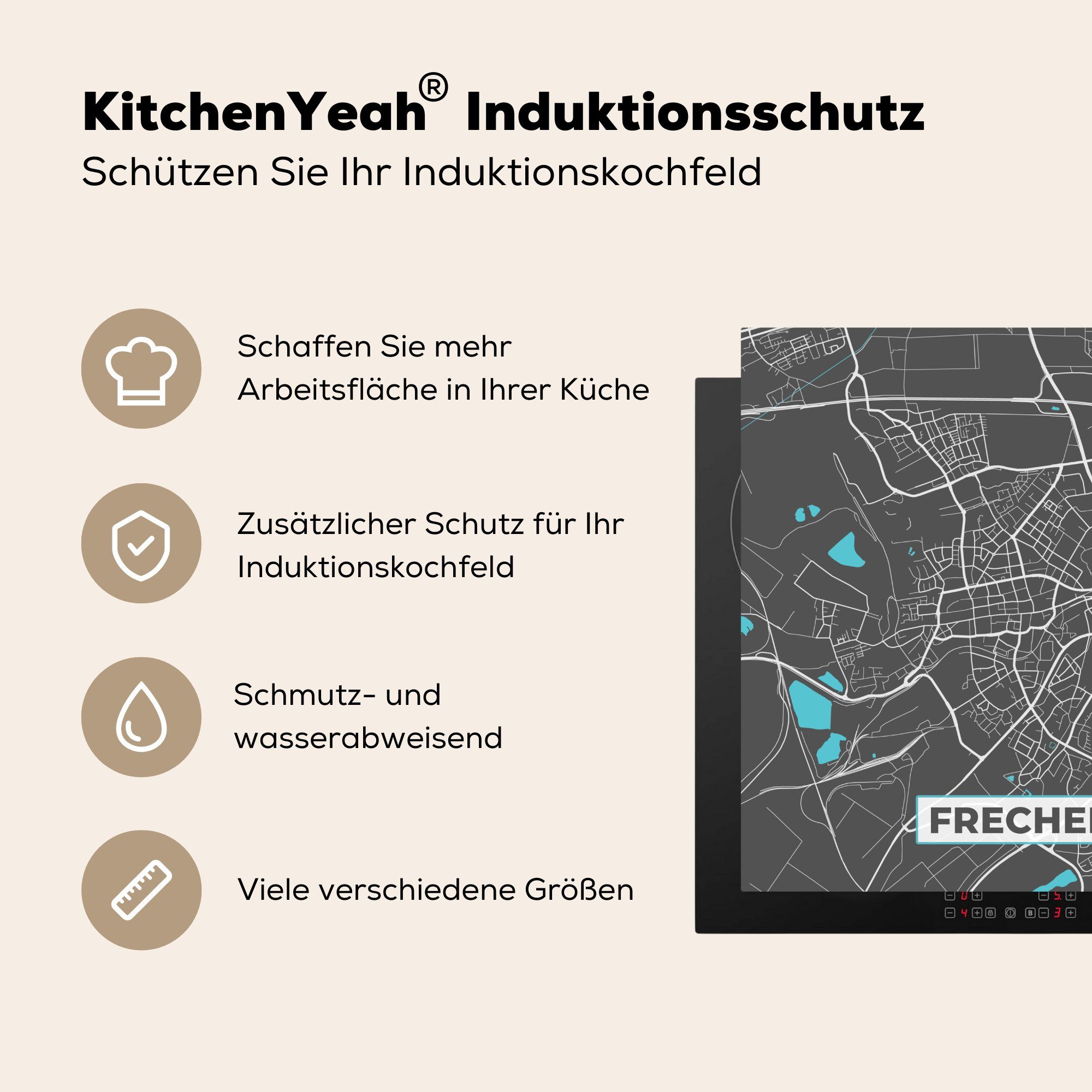 - MuchoWow Karte Blau - Stadtplan Vinyl, 78x78 - - Deutschland, Arbeitsplatte Ceranfeldabdeckung, tlg), (1 Herdblende-/Abdeckplatte für küche cm, Frechen