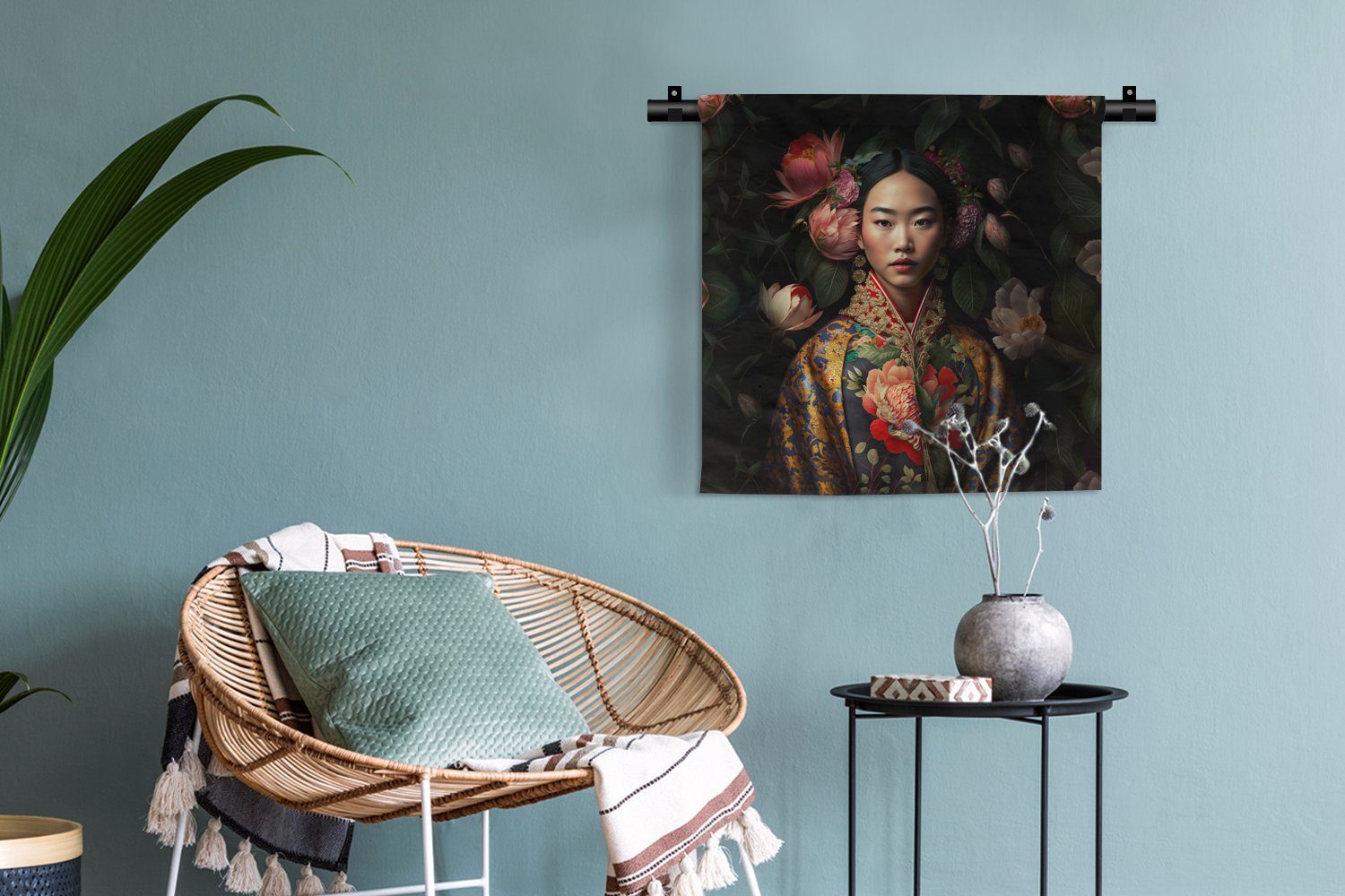 Wandbehang, - - Schlafzimmer, für Asiatisch MuchoWow Frau Kleid, Kimono Porträt, Blumen Wanddeko - - Wanddekoobjekt Wohnzimmer, Kinderzimmer