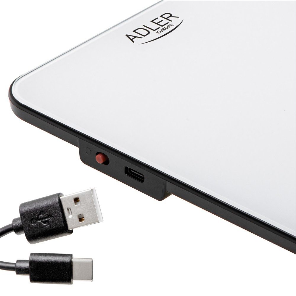 ADLER EUROPE Küchenwaage AD 3177wb Digital bis 10 kg, Elektronische Haushaltswaage, Tara Funktion, USB-C aufladbar, Kochen, Backen, Glaswaage, Weiß – Bild 4 von 5