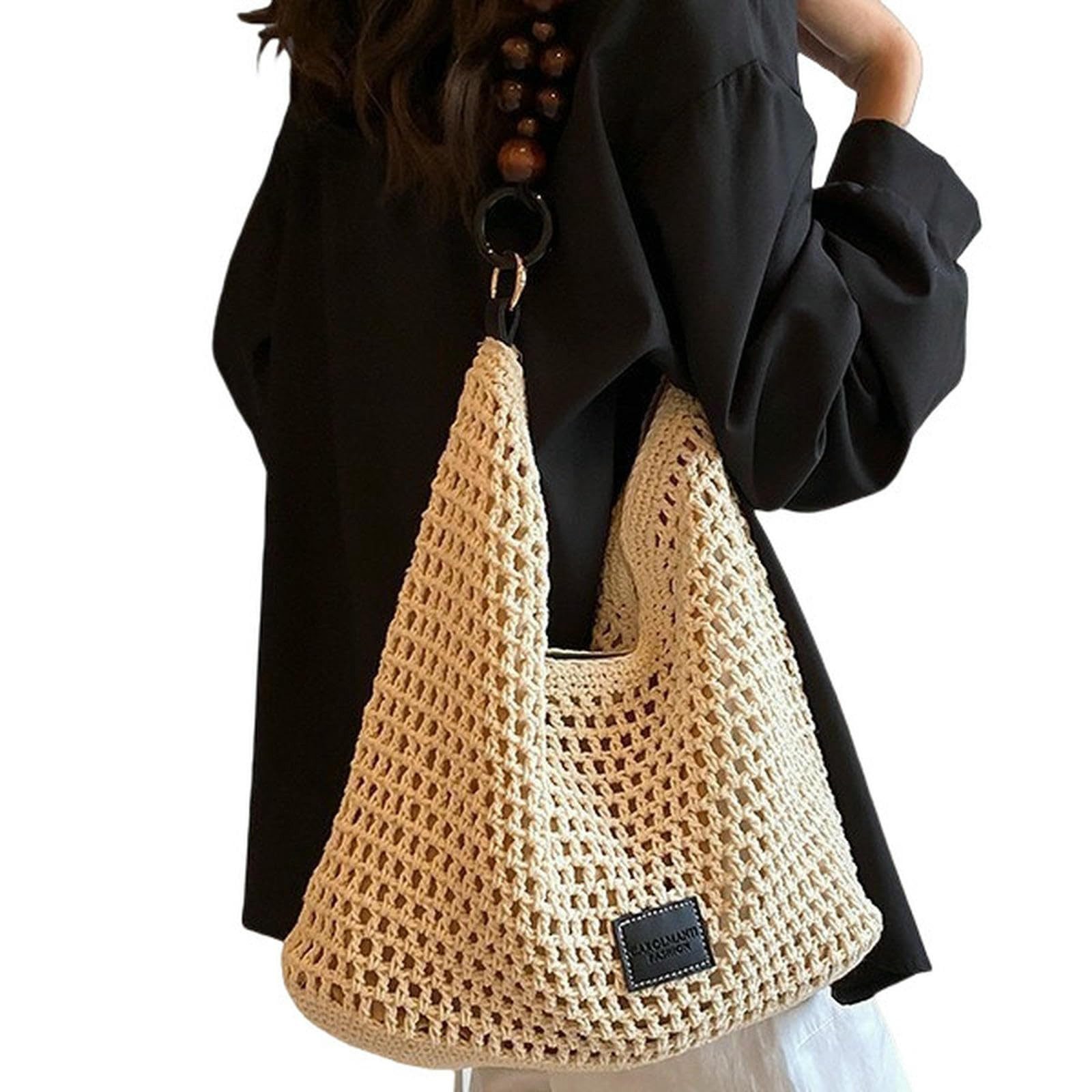 MOPUEA Strandtasche Damen Boho Straw Beach Bag Gehäkelte Baumwoll-Strick -Tragetasche (Schultertasche, Umhängetasche, Sommer, Strand, 1-tlg., Casual Groß Häkeltasche mit Leder Riemen für Urlaub Stadt Reisen), Tragegriff oben für Reisen, Einkaufen