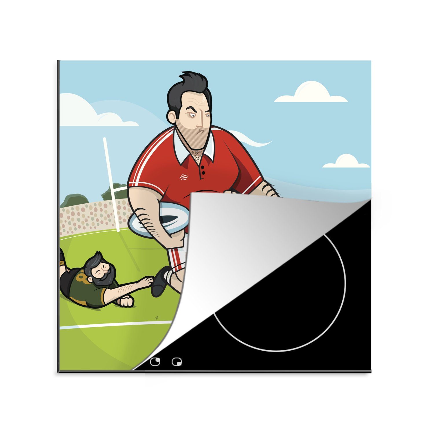 MuchoWow Herdblende-/Abdeckplatte Eine Illustration eines Mannes in Aktion beim Rugby, Vinyl, (1 tlg), 78x78 cm, Ceranfeldabdeckung, Arbeitsplatte für küche | Herdabdeckplatten