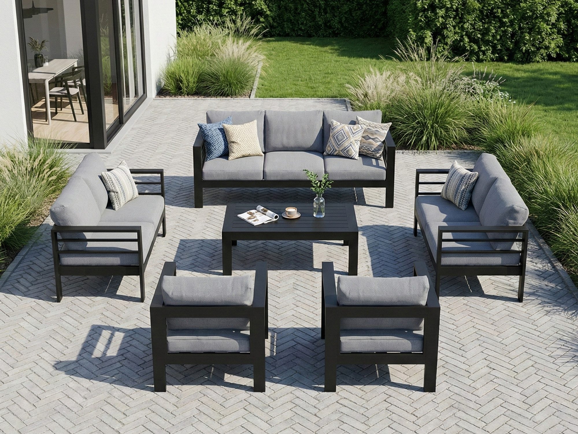 MeXo Gartenlounge-Set Gartenmöbel Set Aluminium Wetterfest, (1 x 3-Sitzer Sofa, 2 x 2-Sitzer Sofa, 4 x Sessel, 1 x Gartentisch, 18 x Kissen, 6-tlg., Luxus Relax), Gartensofa Set für 8-10 Personen, Individuell Kombinierbar