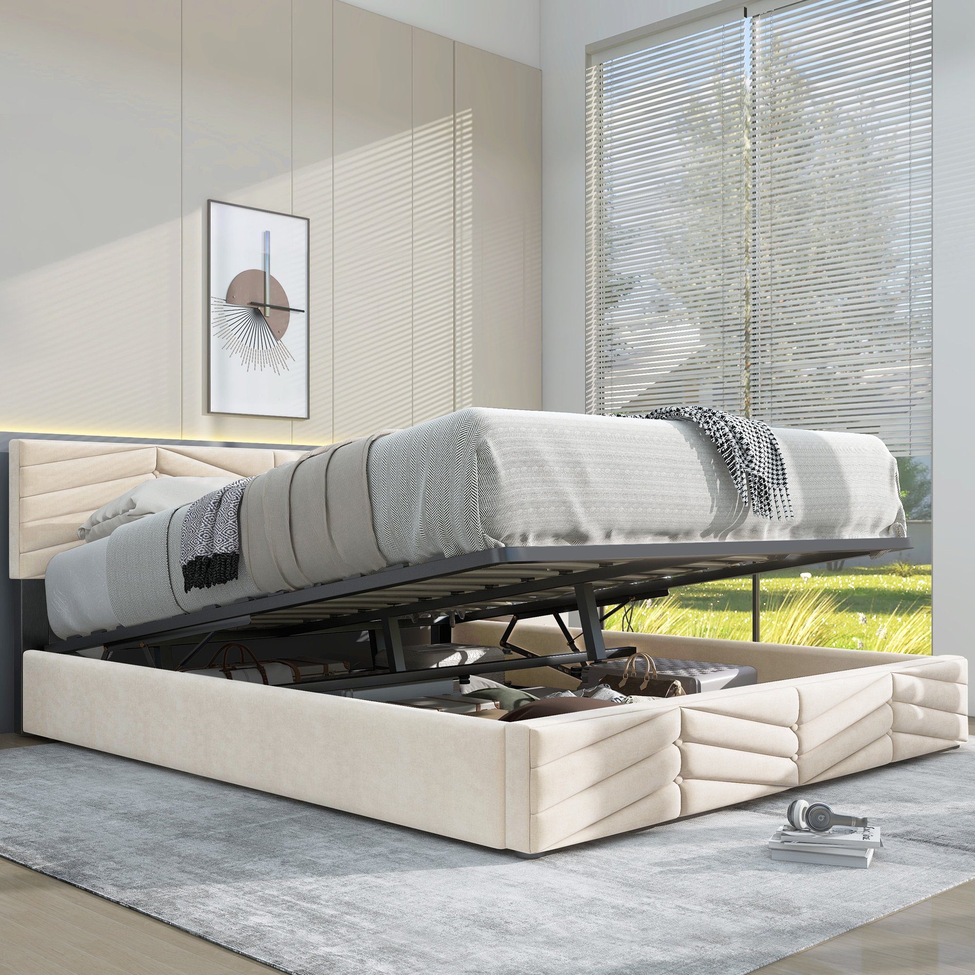 REDOM Polsterbett Funktionsbett (Beige Hydraulisches Doppelbett günstig online kaufen