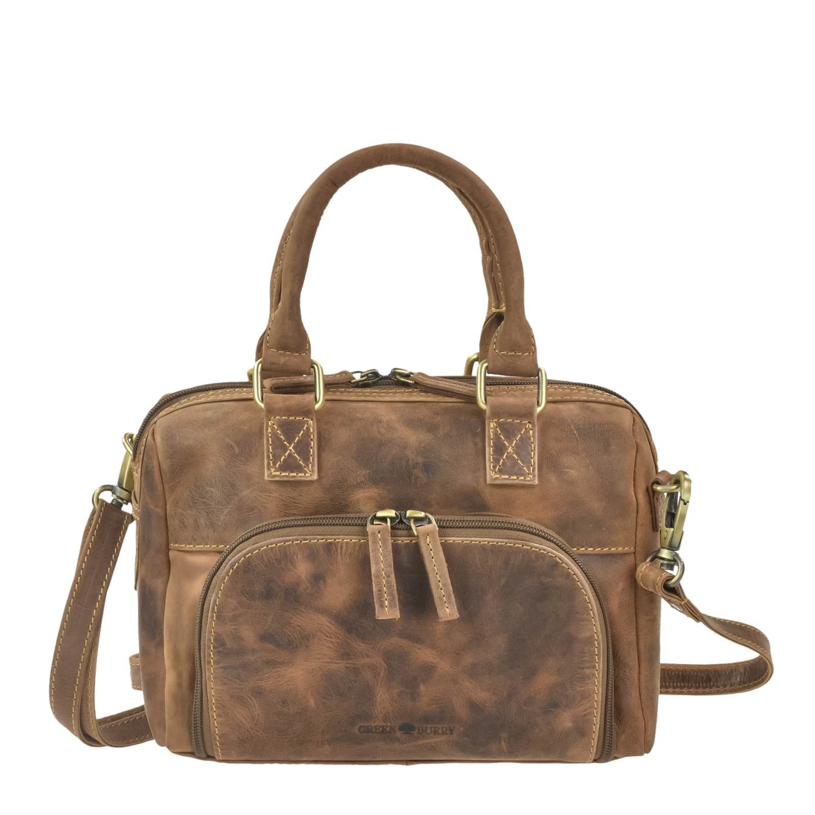Greenburry Umhängetasche Vintage Handtasche Damen kleine Schultertasche Leder antikbraun, besonders kompaktes Format, ideal zum Ausgehen
