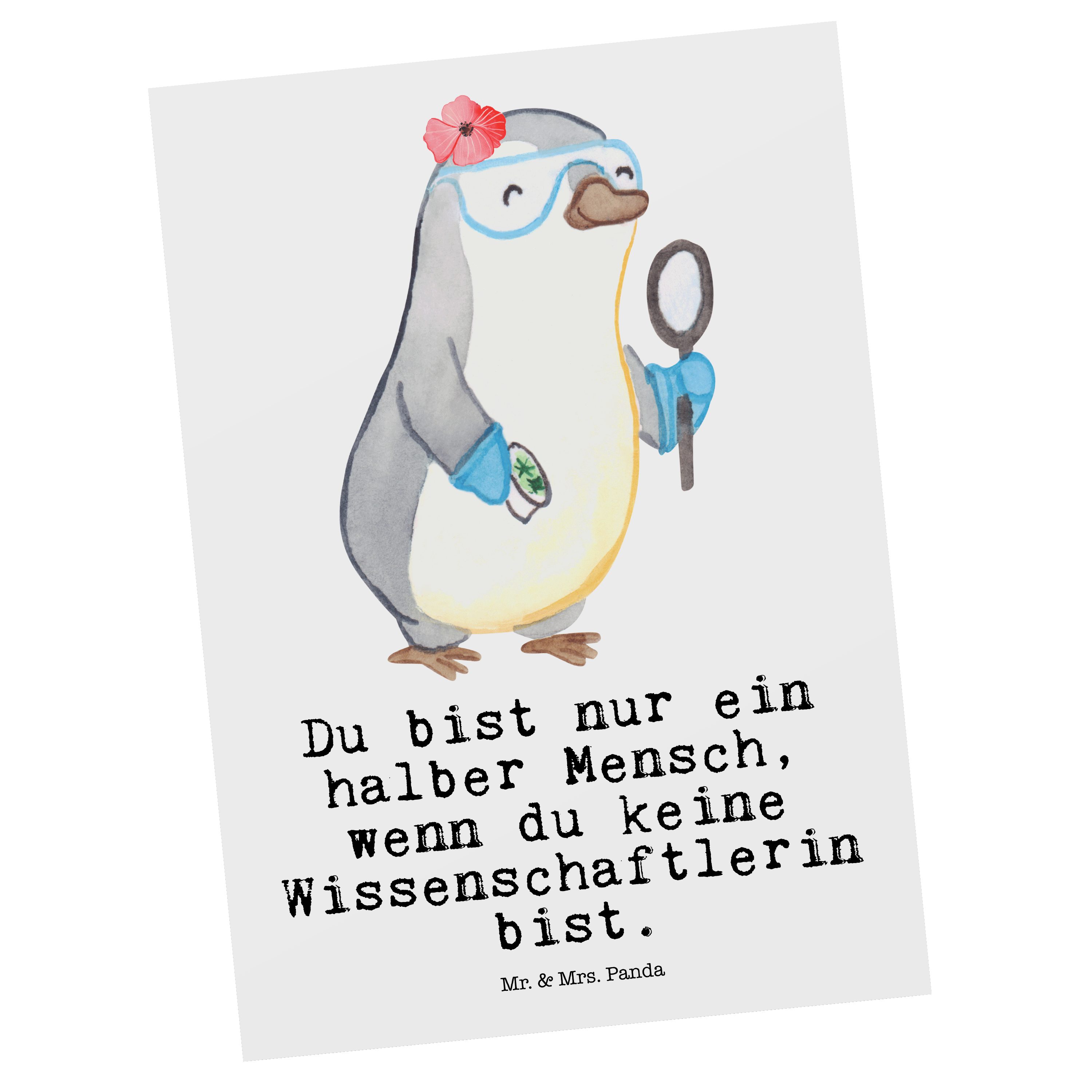 Mr. & Mrs. Panda Postkarte Wissenschaftlerin mit Herz - Weiß - Geschenk, Forschungseinrichtung