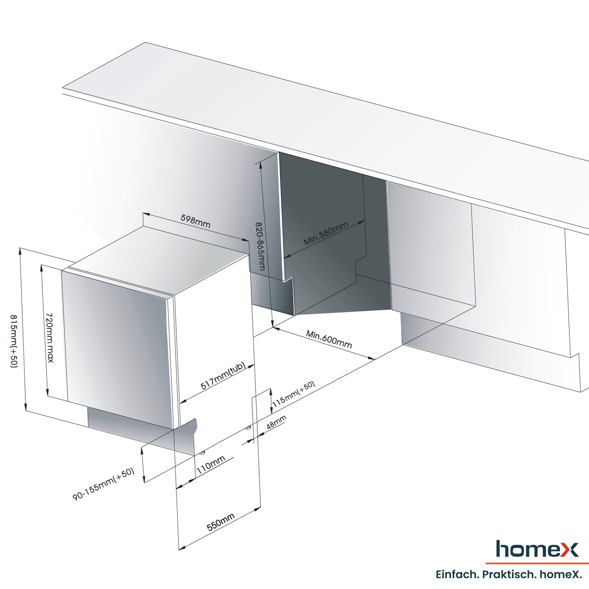 homeX vollintegrierbarer Geschirrspüler DWFI601444C, 10 l, 14 Maßgedecke, Einbau Spülmaschine vollintegriert 60 cm, 14 Gedecke, AquaStop, 44 dB – Bild 5 von 5
