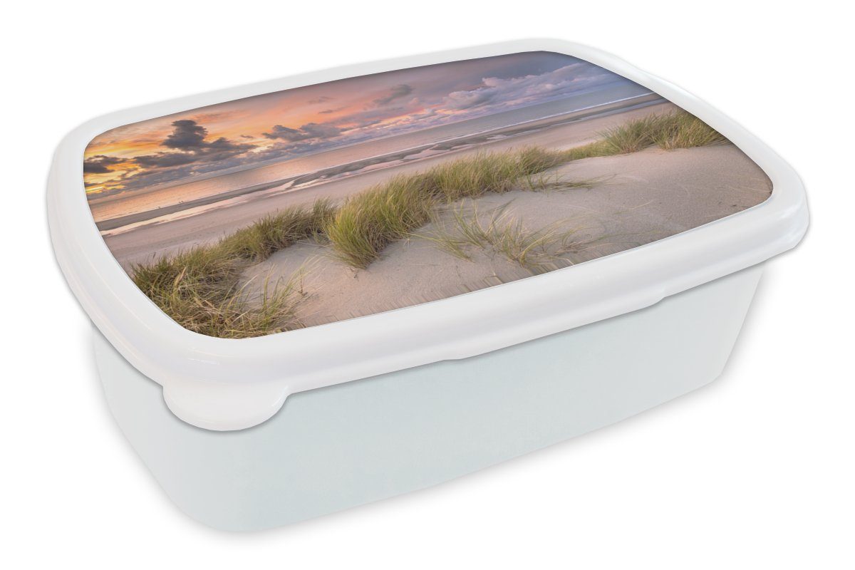MuchoWow Lunchbox Sonnenuntergang - Düne - Strand - Pflanzen - Meer, Kunststoff, (2-tlg), Brotbox für Kinder und Erwachsene, Brotdose, für Jungs und Mädchen weiß