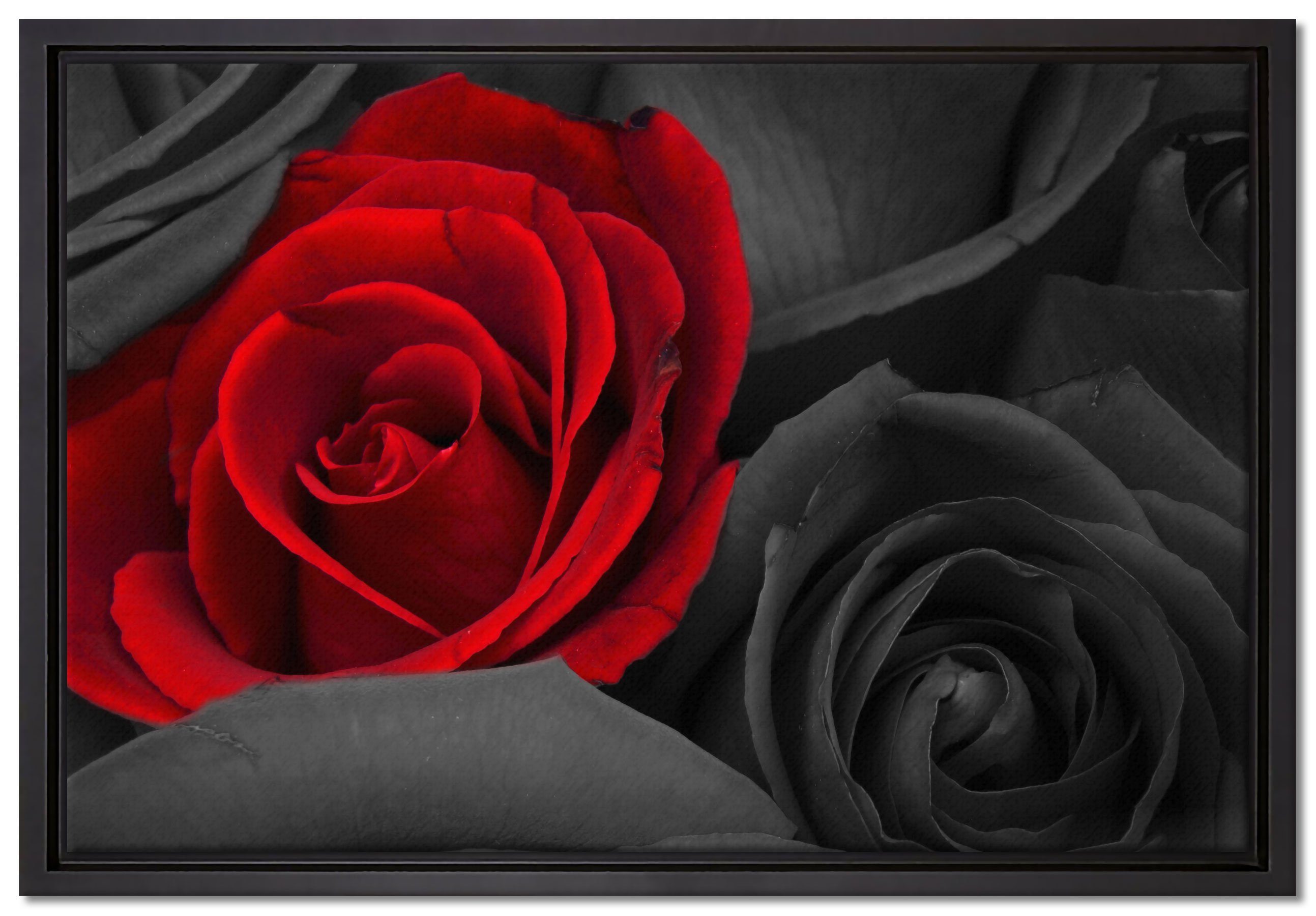 Pixxprint Leinwandbild romantische rote Zackenaufhänger Rosen, einem fertig gefasst, St), Wanddekoration bespannt, Schattenfugen-Bilderrahmen (1 Leinwandbild inkl. in