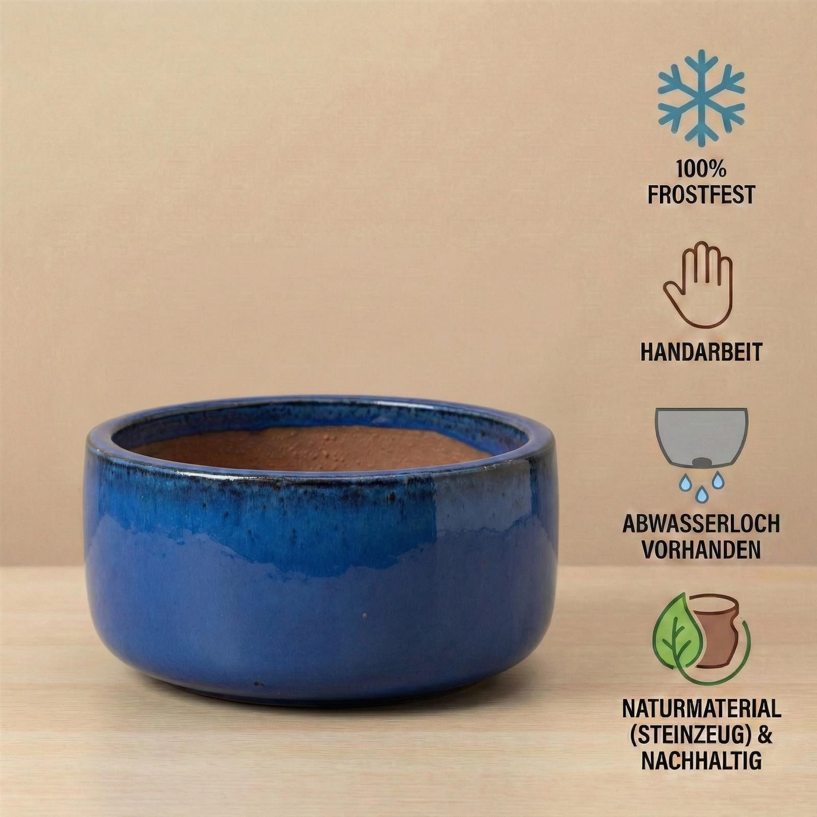 Teramico Pflanzkübel Pflanzschale "Amsterdam" Royal Blau – Ø 31 cm – Frostfeste Keramikscha, 100% Frostfest