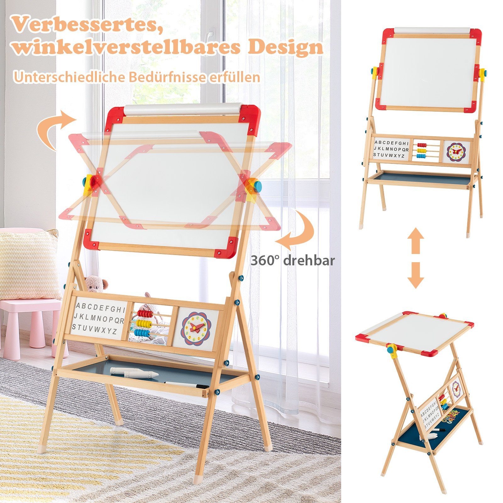 COSTWAY Standtafel Kinder Kreidetafel, Holz, mit Papierrolle – Bild 4 von 5
