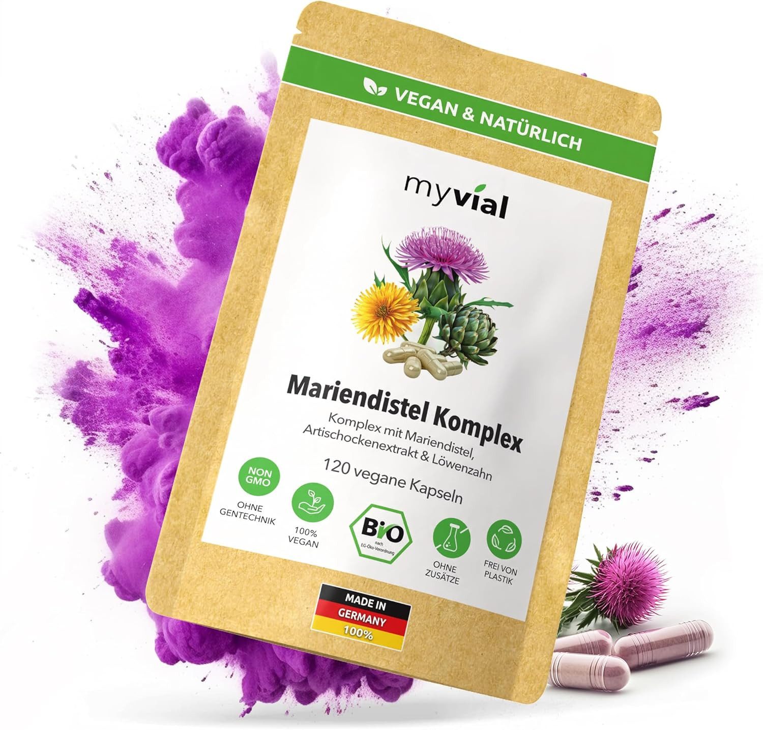 myvial Bio Mariendistel Komplex Kapseln - 800 mg Tagesdosis - hochdosierte Kapseln, 1 er vegane Kapseln, Komplex aus Mariendistel, Artischocke & Löwenzahn à 120 St., Leber Komplex, plastikfrei verpackt, 60 Tage Vorrat, höchste Qualität