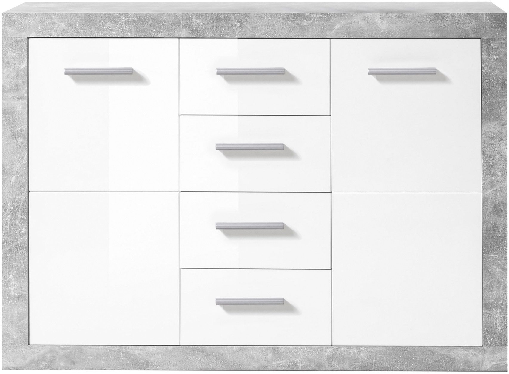 HBZ Kommode Stone 2 weiß Glanz, BxHxT 117x88x37 cm, Kommode mit 2 Türen, 4 Schubkästen, 2 Einlegeböden