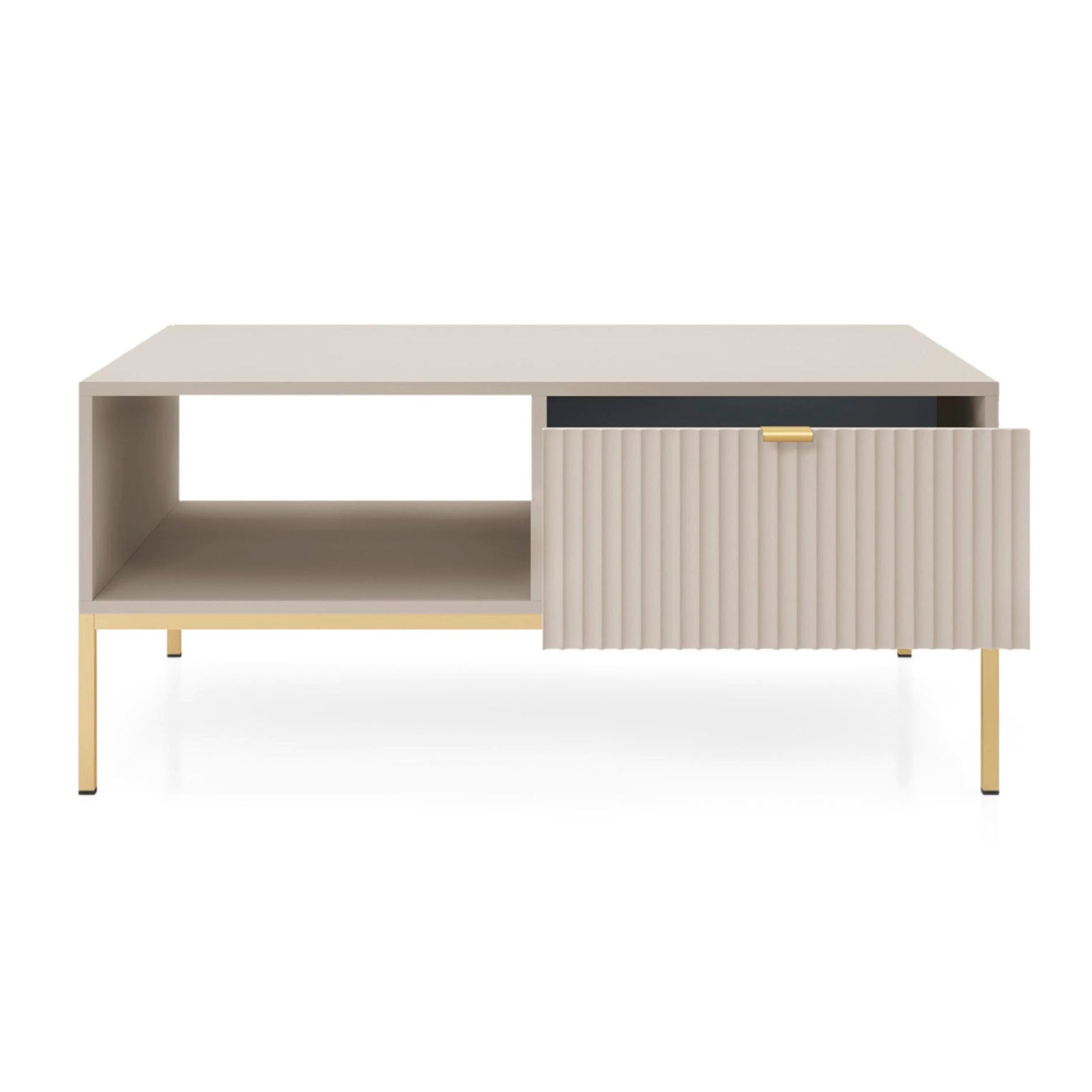 Selsey Couchtisch VELLORE, mit geriffelter Front, Schublade & offenes Fach, Gold-Metallgestell