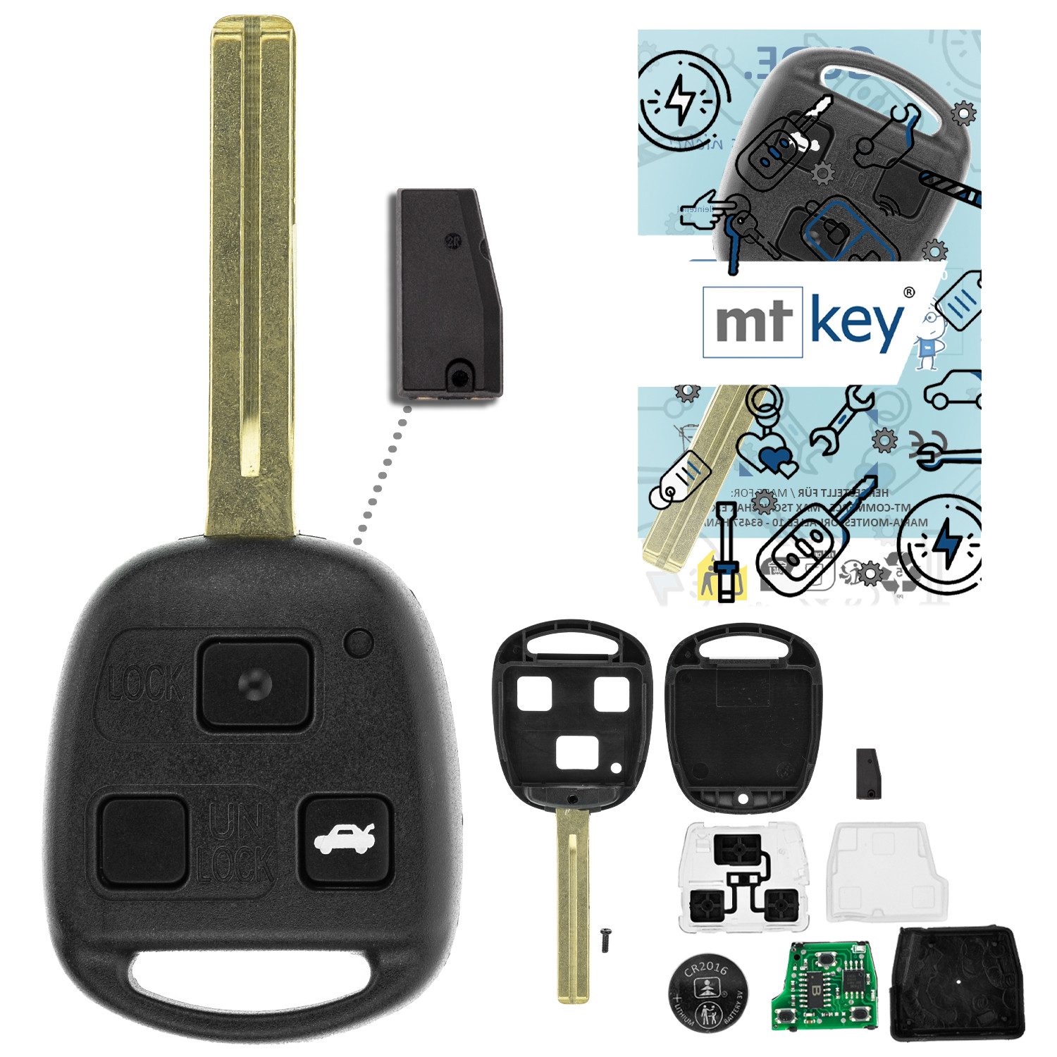 mt-key Schlüsseltasche Auto Funk Schlüssel Fernbedienung TOY40 434MHZ ID68 (Set), für Lexus LS 430 (UCF30, 00–06); LX 470 (II, 02–06)