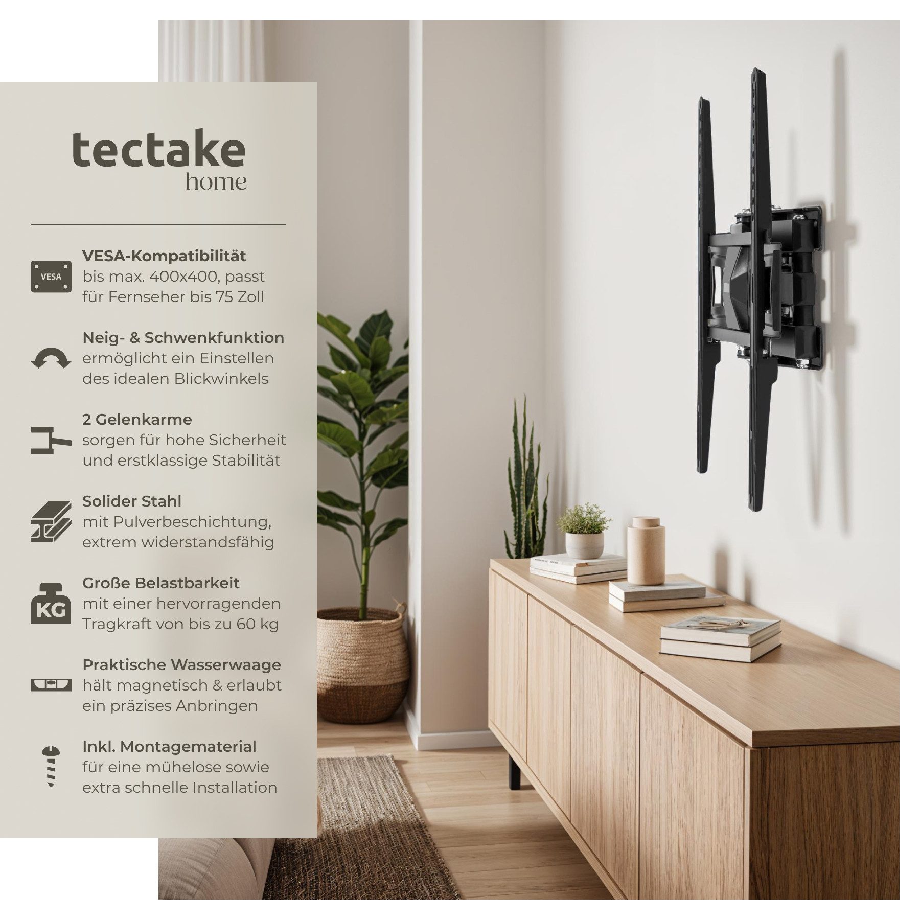 tectake TV-Wandhalterung Fernseherhalterung für 26-75 Zoll (66-191 cm), max. VESA 400 x 400, (bis 75 Zoll, für Flachbildfernseher, bis 60 kg, ausziehbar, schwenkbar und neigbar mit Wasserwaage)