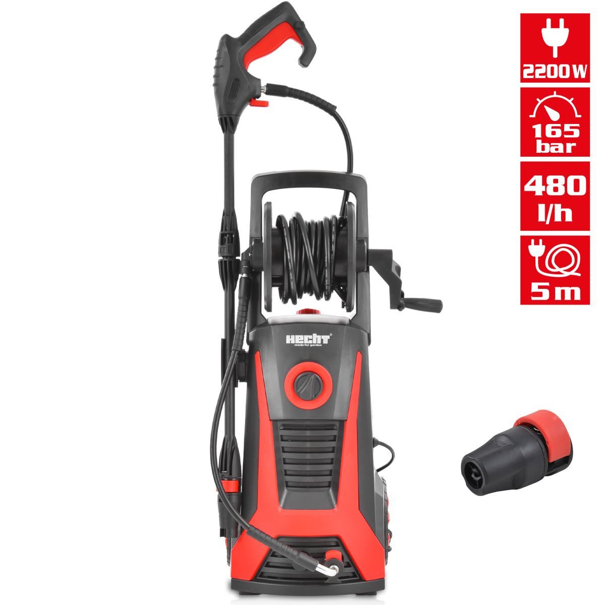 Hecht Hochdruckreiniger 2200W, 5m Kabel & Schlauch inkl. Trommel, Druck max: 165 bar, Fördermenge max: 480 l/h, Reinigungsmitteltank, Punkt- & Flachstrahl, Rollen