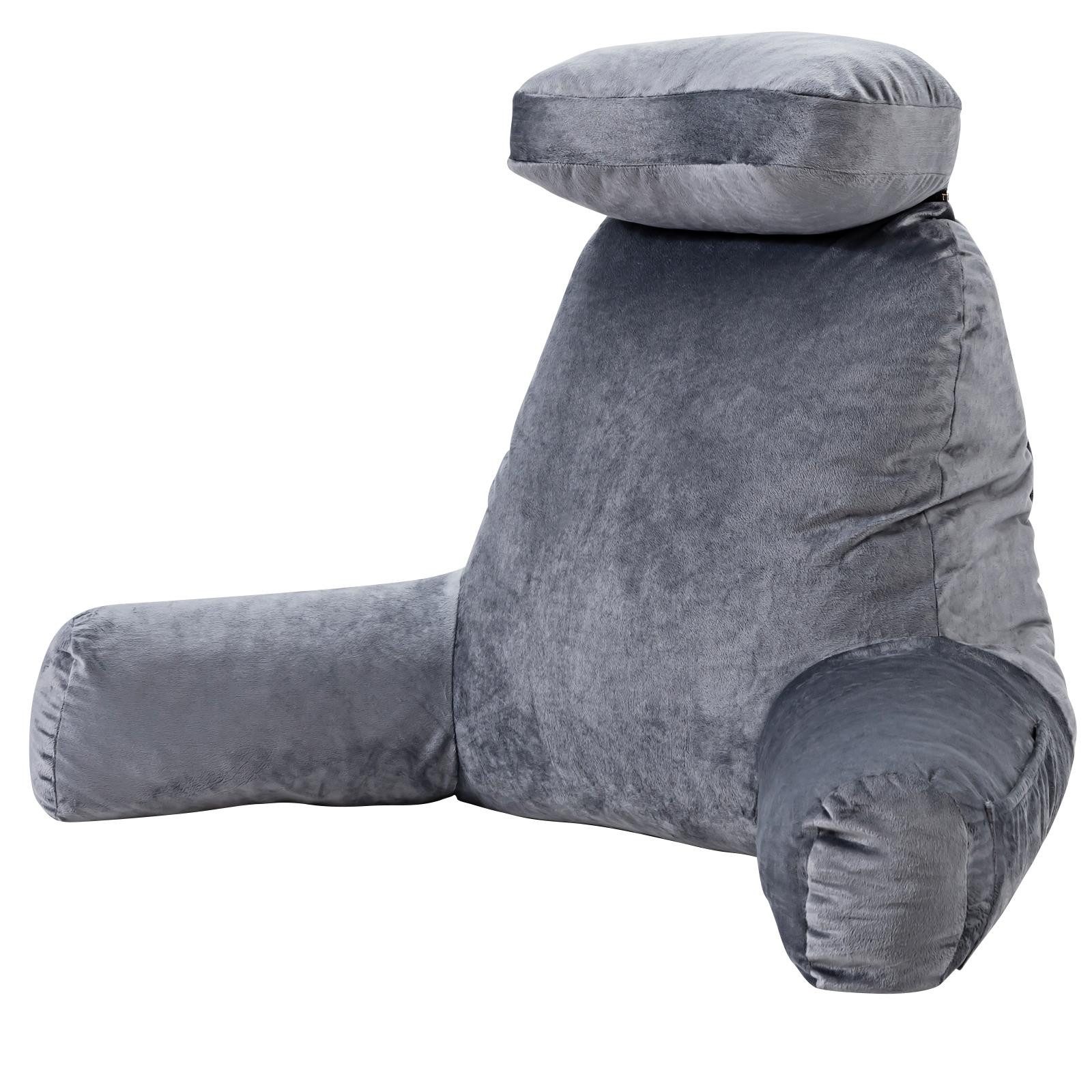 Lesekissen Für Erwachsene - Rückenkissen Fürs Bett Mit Abnehmbaren Armlehnen, Getränkehalter & Handyablage - Kissenrückenlehne Für Bequemes Sitzen Im Bett (GRAU, 53 Cm