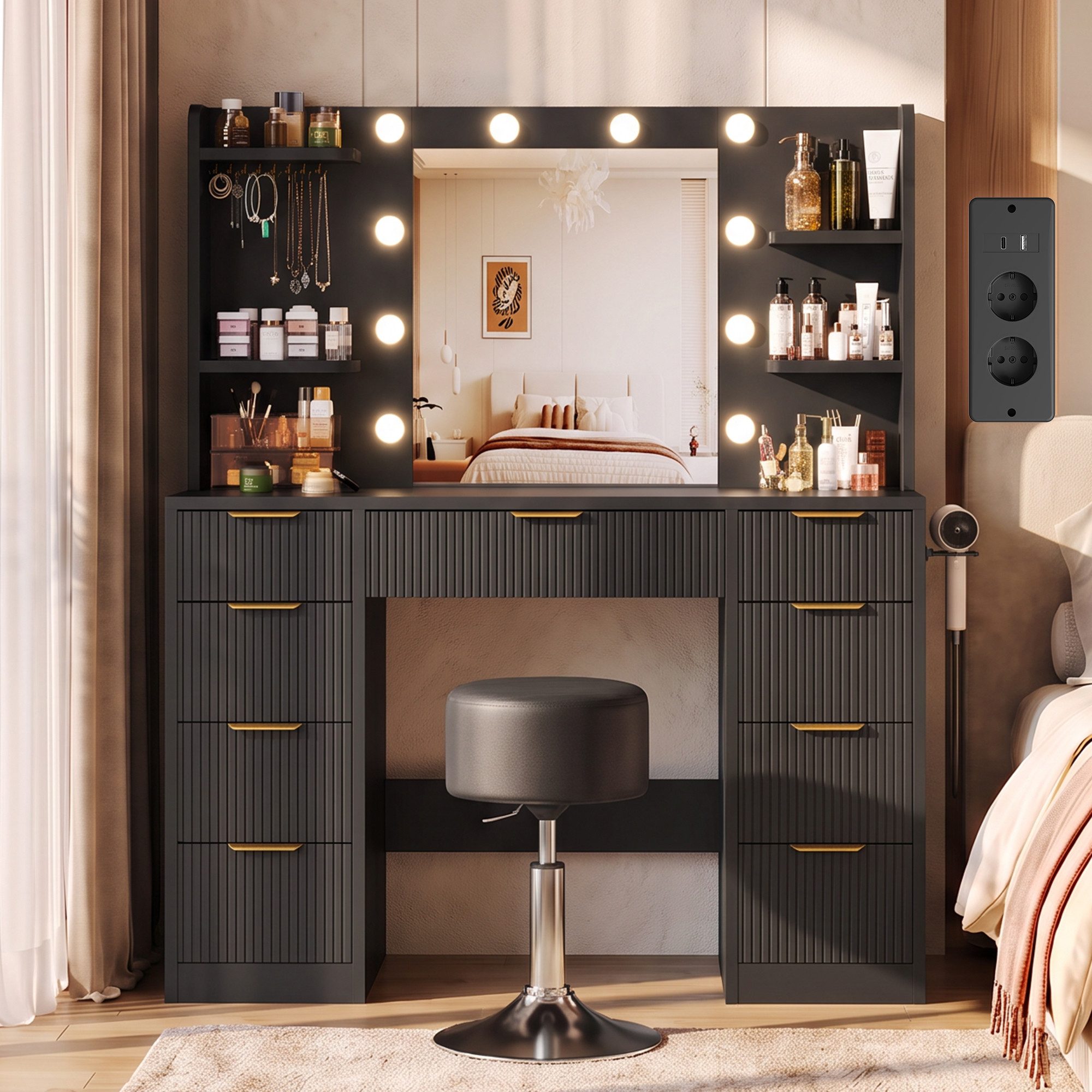 HOMALL Schminktisch LED-Beleuchtung für den Schminktisch, inklusive Hocker-Set (Maße: 108 × 40 × 137 cm, 6 offene Ablagefächer, mit Schmuckhaken, 9 Schubladen, ausgestattet mit 1 USB-Anschluss, 1 Ladeanschluss, 2 Steckdosen und 1 Föhnanschluss, weiß-schwarzer Schminktisch, Kinderschminktisch)
