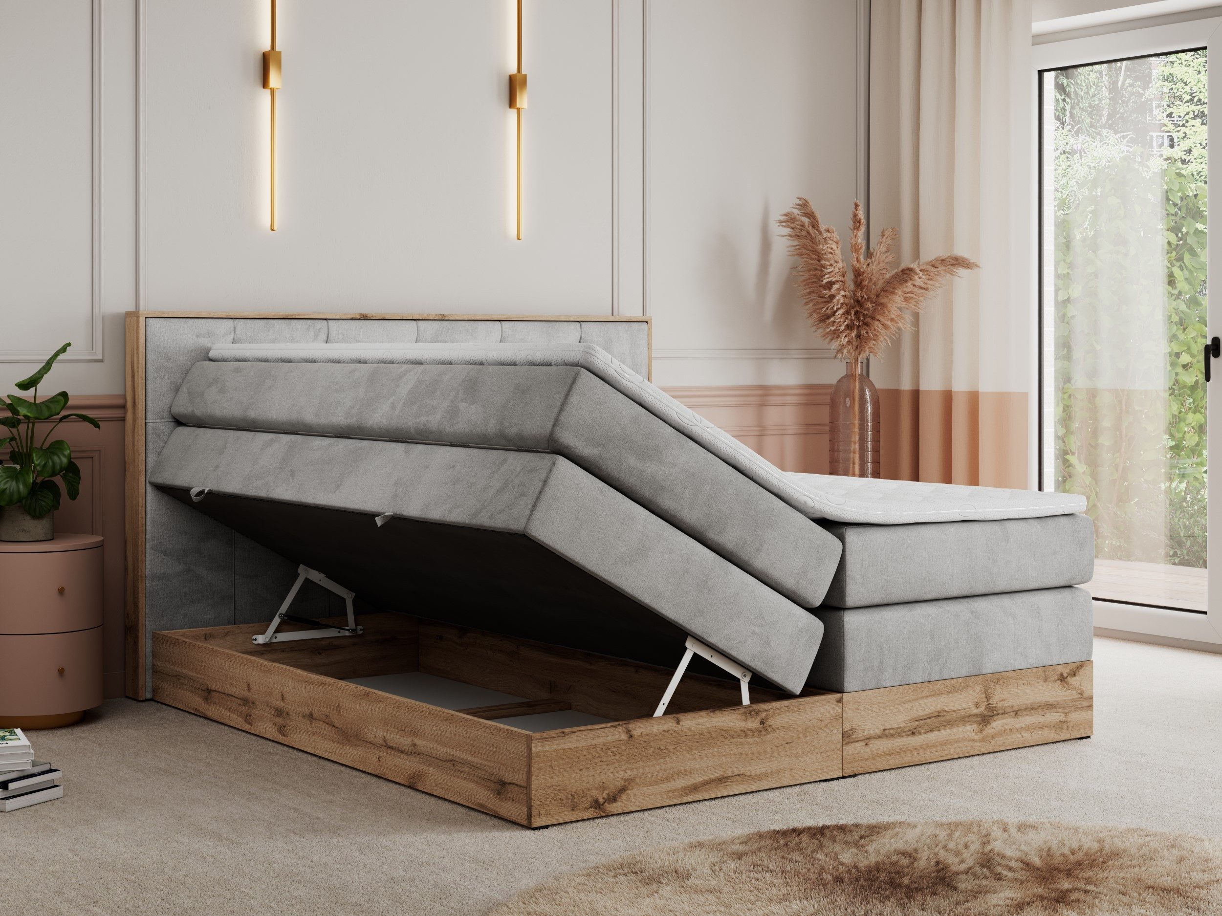 MKS MÖBEL Boxspringbett VENETO KING (Doppelbett, Multipocket-Matratzen, Topper T25/Visco, T30-Schaum), zwei Bettkästen und Rahmen in Eichen-Optik, Schlafzimmer, Polsterbett