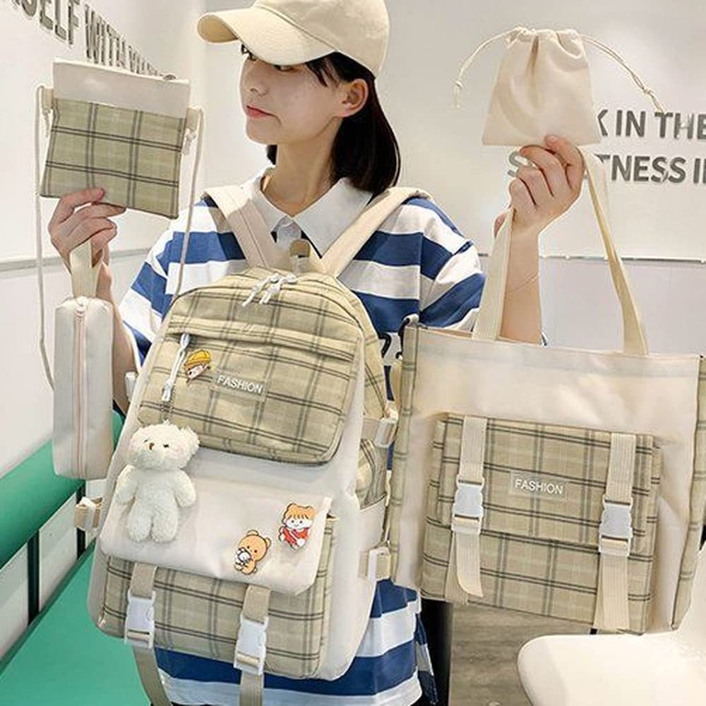 Coonoor Schulrucksack 5-teiliges Kawaii-Rucksack-Set mit Karomuster, Schulranzen, Umhängetasche, Federmäppchen, mit Kawaii-Bärenanhänger – Bild 3 von 5