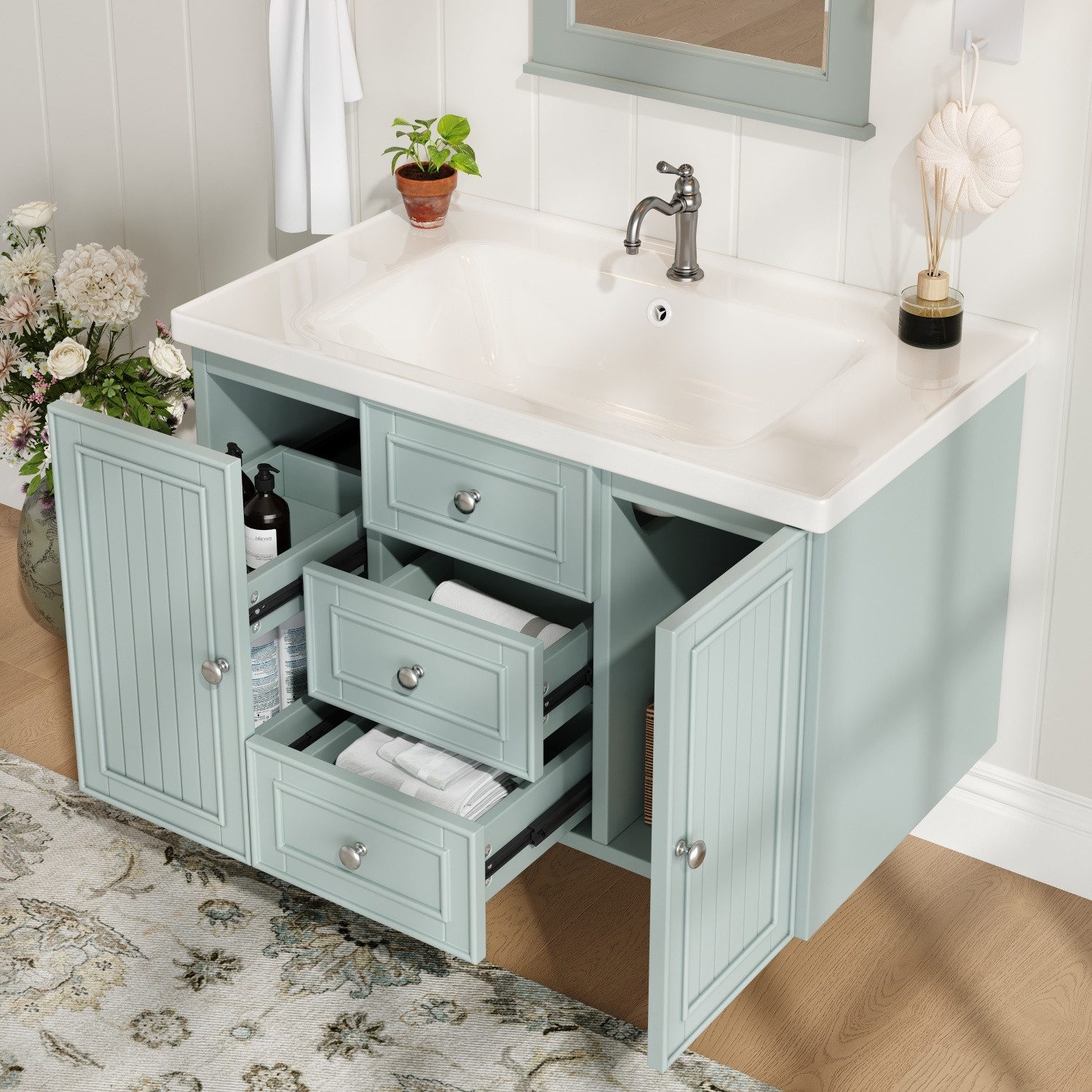 Flieks Waschtisch mit 4 Schubladen und 1 Türen (B81/T46/H50,3 cm, 1-St., wandhängend, Badschrank Waschplatz mit Schubladen), Waschbeckenunterschrank mit Waschbecken Badmöbel in Breite 81 cm